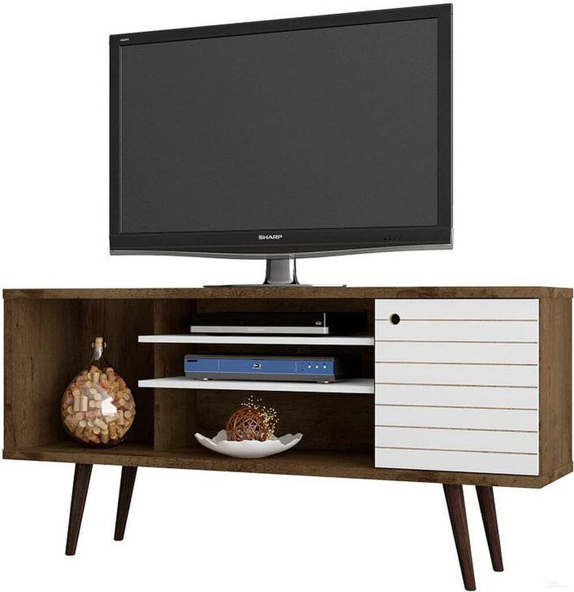 The appearance of Liberty 53.14 Inch Mid-Century - Modern TV Stand With 5 Shelves And 1 Door In Rustic Brown And White With Solid Wood Legs designed by Manhattan Comfort in the transitional interior design. This white and brown piece of furniture  was selected by 1StopBedrooms from Liberty Collection to add a touch of cosiness and style into your home. Sku: 200AMC96. Material: MDF.