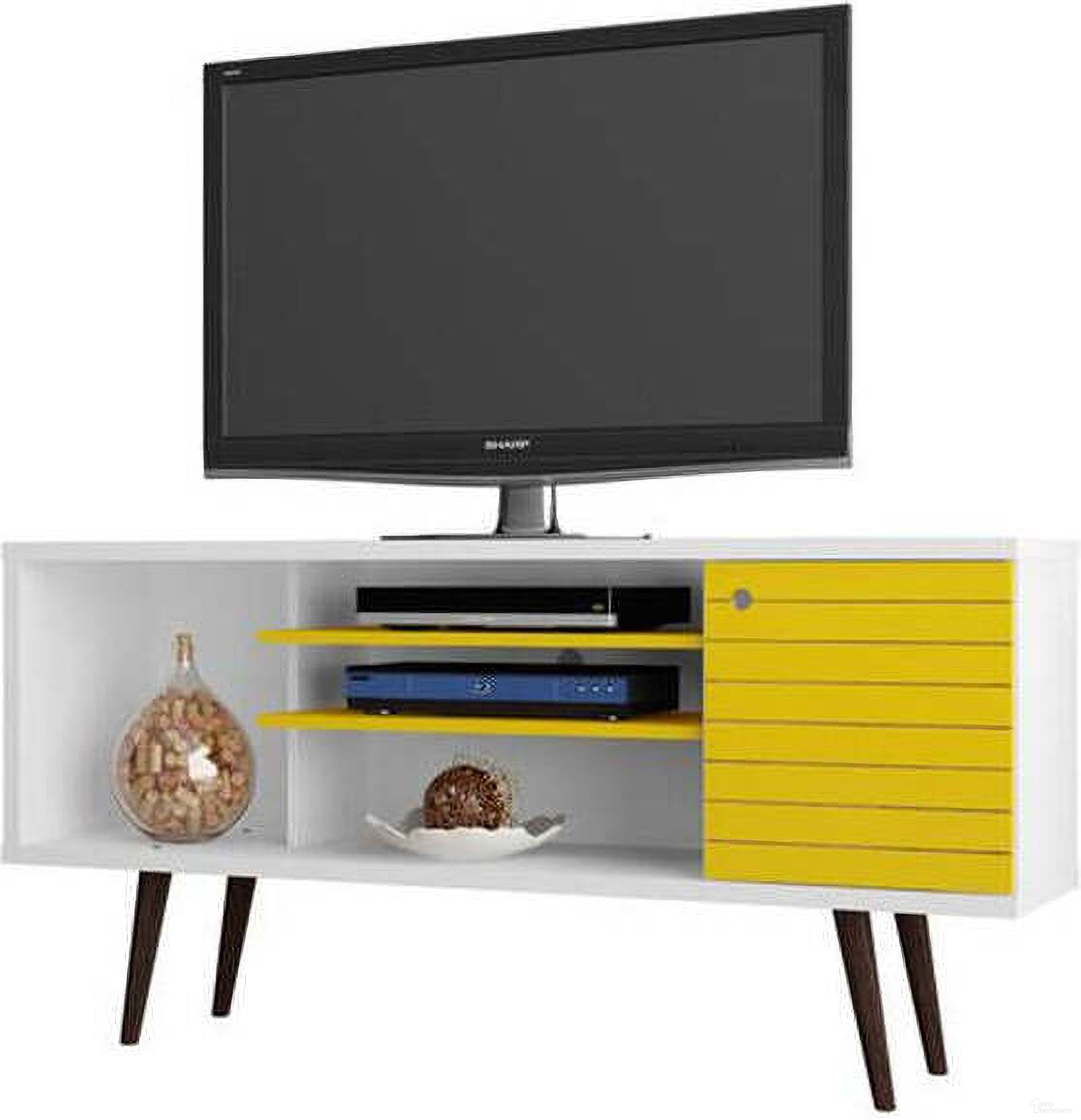 Liberty 53.14 Inch Mid-Century - Modern TV Stand With 5 Shelves And 1 Door In Rustic Brown And Yellow With Solid Wood Legs