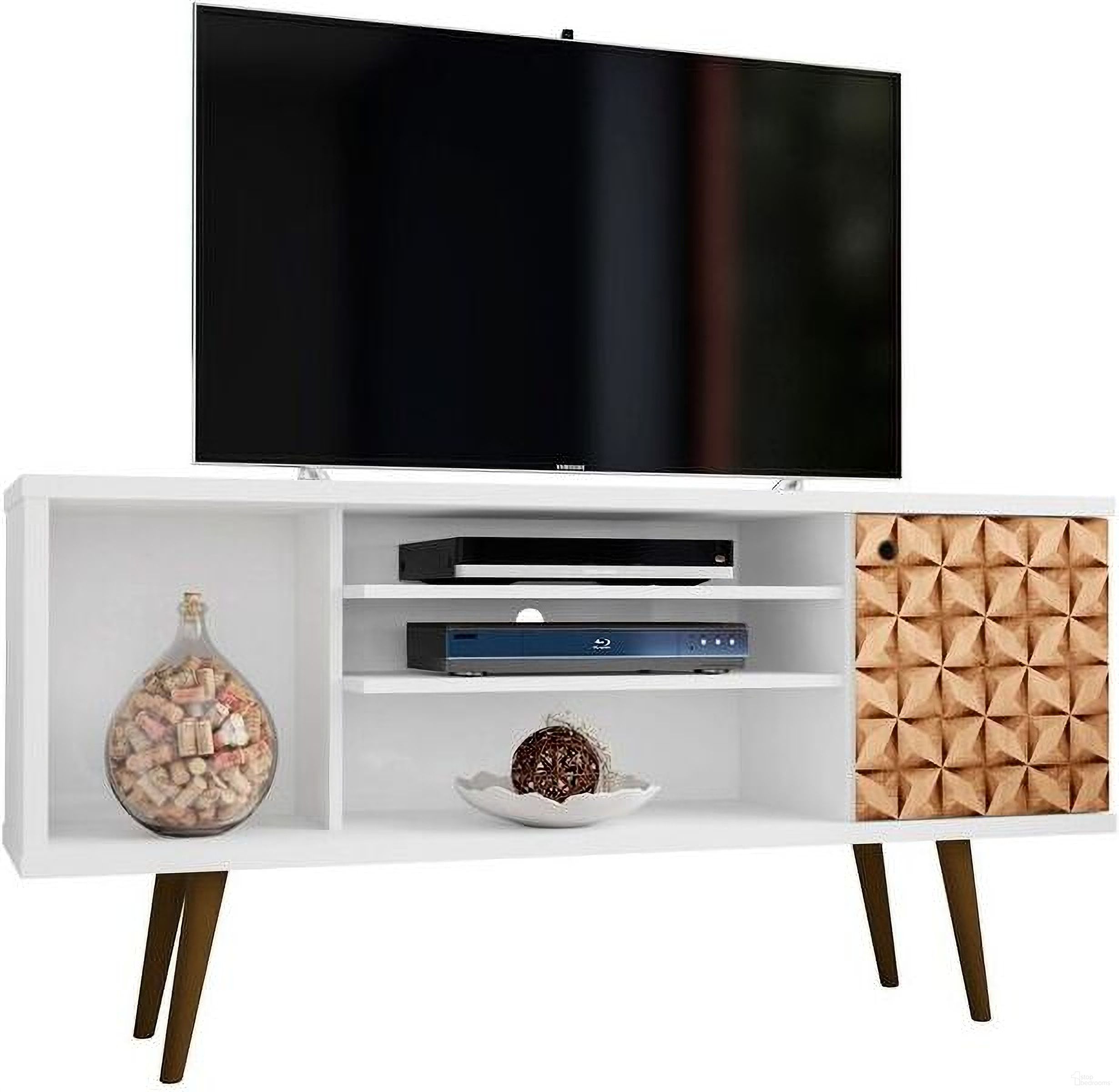 The appearance of Liberty 53.14 Inch Mid-Century - Modern TV Stand With 5 Shelves And 1 Door In White And 3D Brown Prints designed by Manhattan Comfort in the transitional interior design. This brown white piece of furniture  was selected by 1StopBedrooms from Liberty Collection to add a touch of cosiness and style into your home. Sku: 200AMC67. Material: MDF.