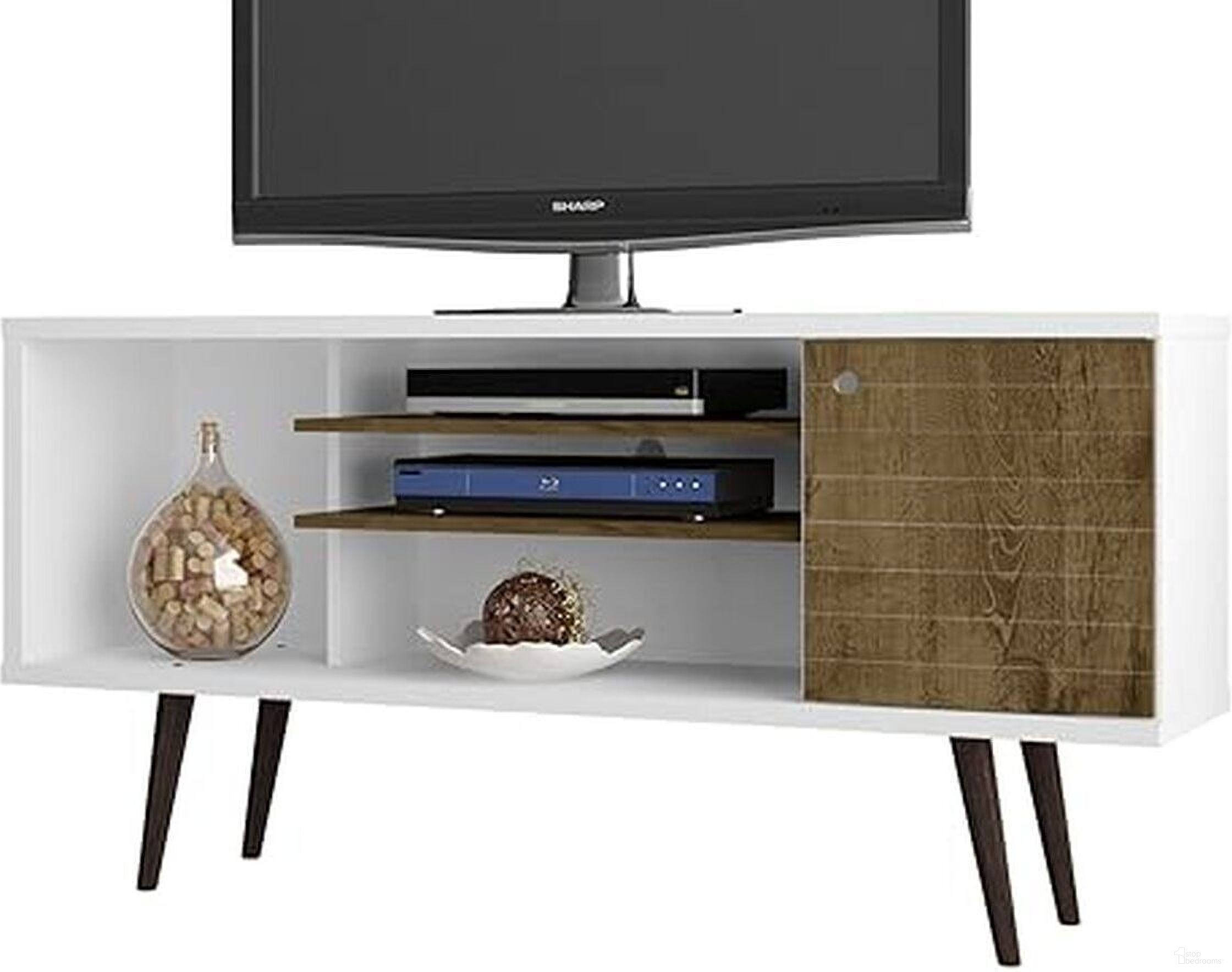 The appearance of Liberty 53.14 Inch Mid-Century - Modern TV Stand With 5 Shelves And 1 Door In White And Rustic Brown With Solid Wood Legs designed by Manhattan Comfort in the transitional interior design. This off white and oak piece of furniture was selected by 1StopBedrooms from Liberty Collection to add a touch of cosiness and style into your home. Sku: 200AMC69. Material: MDF.