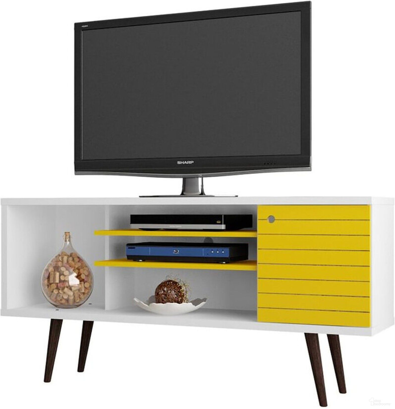 The appearance of Liberty 53.14 Inch Mid-Century - Modern TV Stand With 5 Shelves And 1 Door In White And Yellow With Solid Wood Legs designed by Manhattan Comfort in the transitional interior design. This white and yellow piece of furniture was selected by 1StopBedrooms from Liberty Collection to add a touch of cosiness and style into your home. Sku: 200AMC64. Material: MDF.
