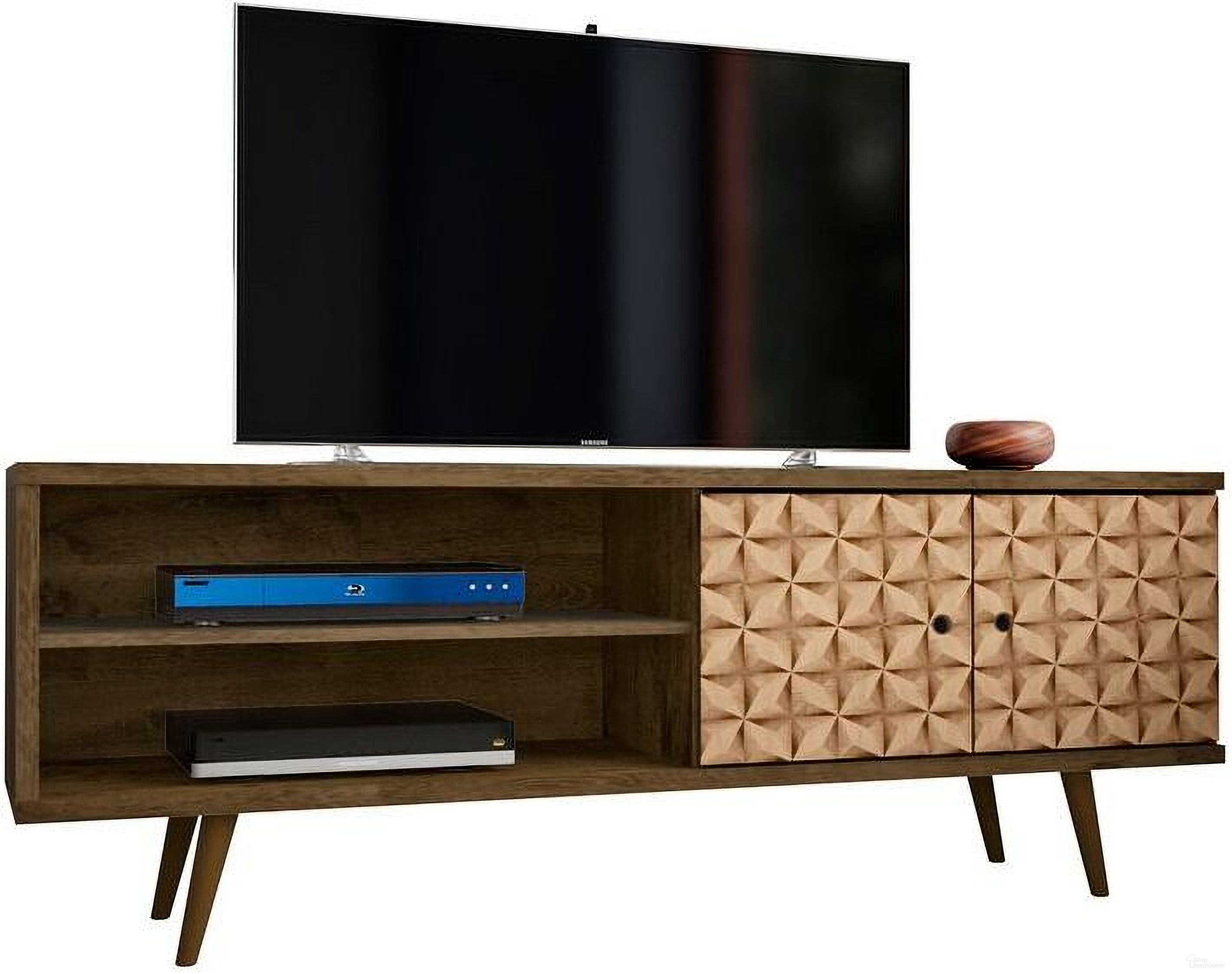 Liberty 62.99 Inch Mid-Century - Modern TV Stand With 3 Shelves And 2 Doors In Rustic Brown And 3D Brown Prints
