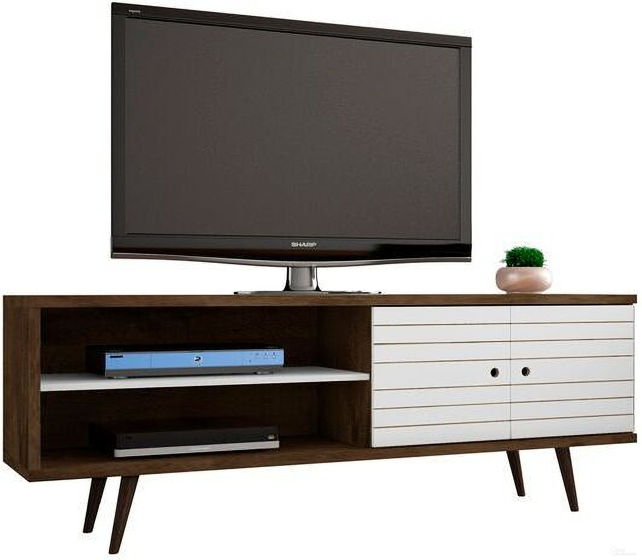 The appearance of Liberty 62.99 Inch Mid-Century - Modern TV Stand With 3 Shelves And 2 Doors In Rustic Brown And White With Solid Wood Legs designed by Manhattan Comfort in the transitional interior design. This white and brown piece of furniture  was selected by 1StopBedrooms from Liberty Collection to add a touch of cosiness and style into your home. Sku: 201AMC96. Material: MDF.