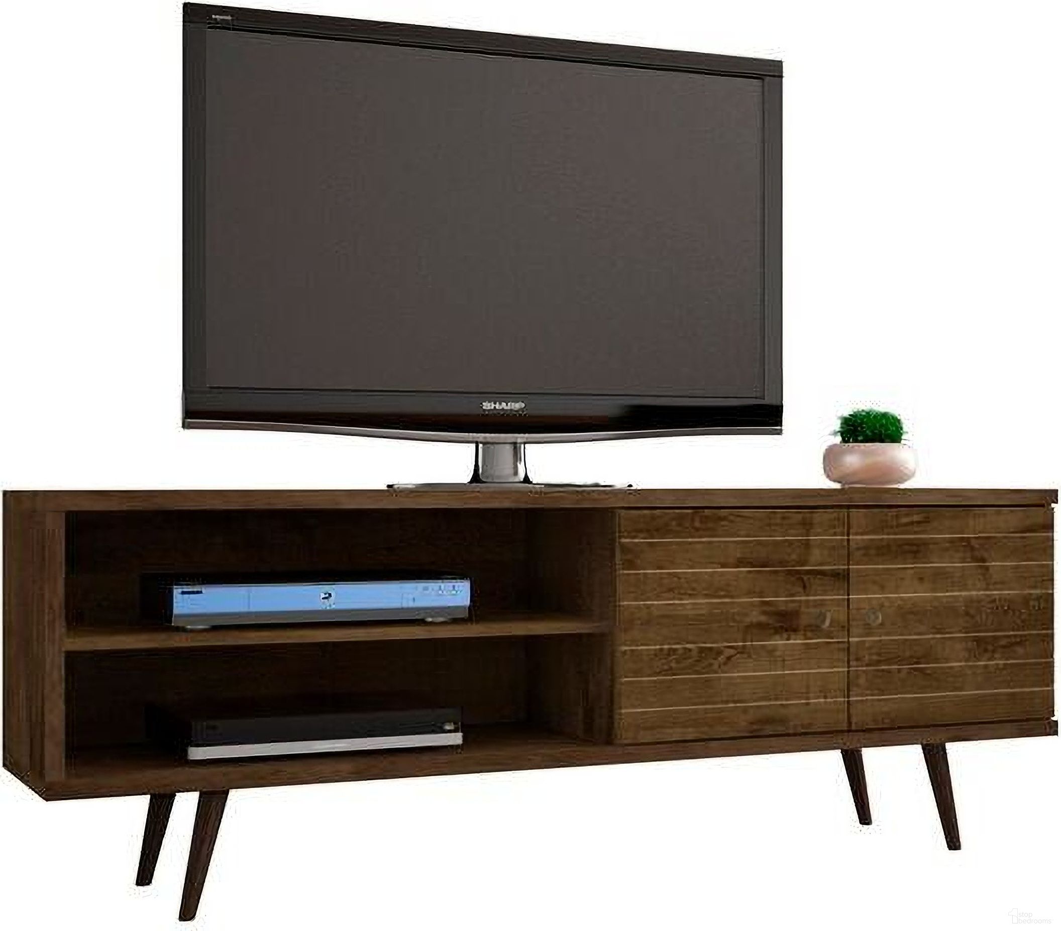 The appearance of Liberty 62.99 Inch Mid-Century - Modern TV Stand With 3 Shelves And 2 Doors In Rustic Brown With Solid Wood Legs designed by Manhattan Comfort in the transitional interior design. This rustic brown piece of furniture was selected by 1StopBedrooms from Liberty Collection to add a touch of cosiness and style into your home. Sku: 201AMC9. Material: MDF.
