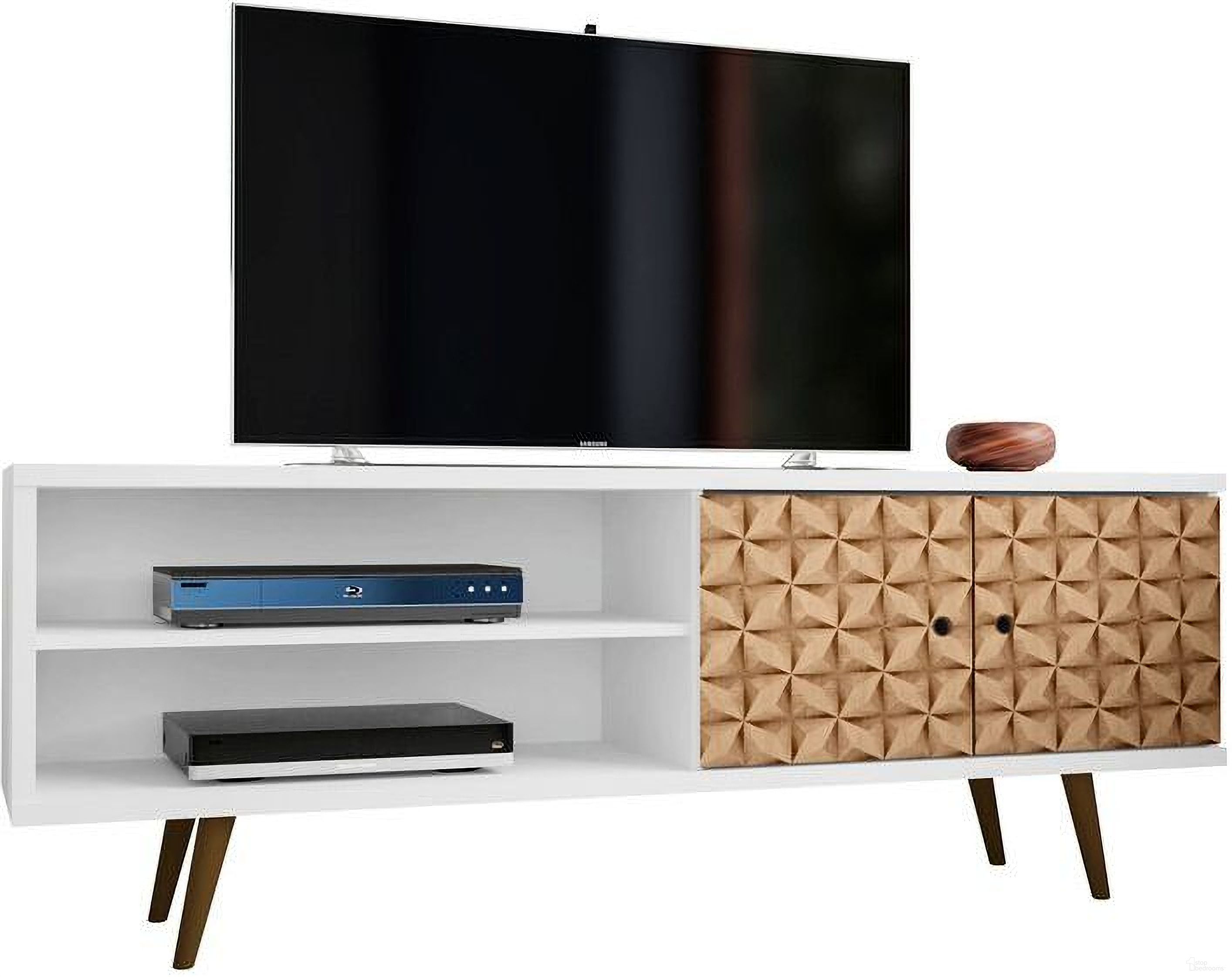 The appearance of Liberty 62.99 Inch Mid-Century - Modern TV Stand With 3 Shelves And 2 Doors In White And 3D Brown Prints designed by Manhattan Comfort in the transitional interior design. This brown white piece of furniture was selected by 1StopBedrooms from Liberty Collection to add a touch of cosiness and style into your home. Sku: 201AMC67. Material: MDF.