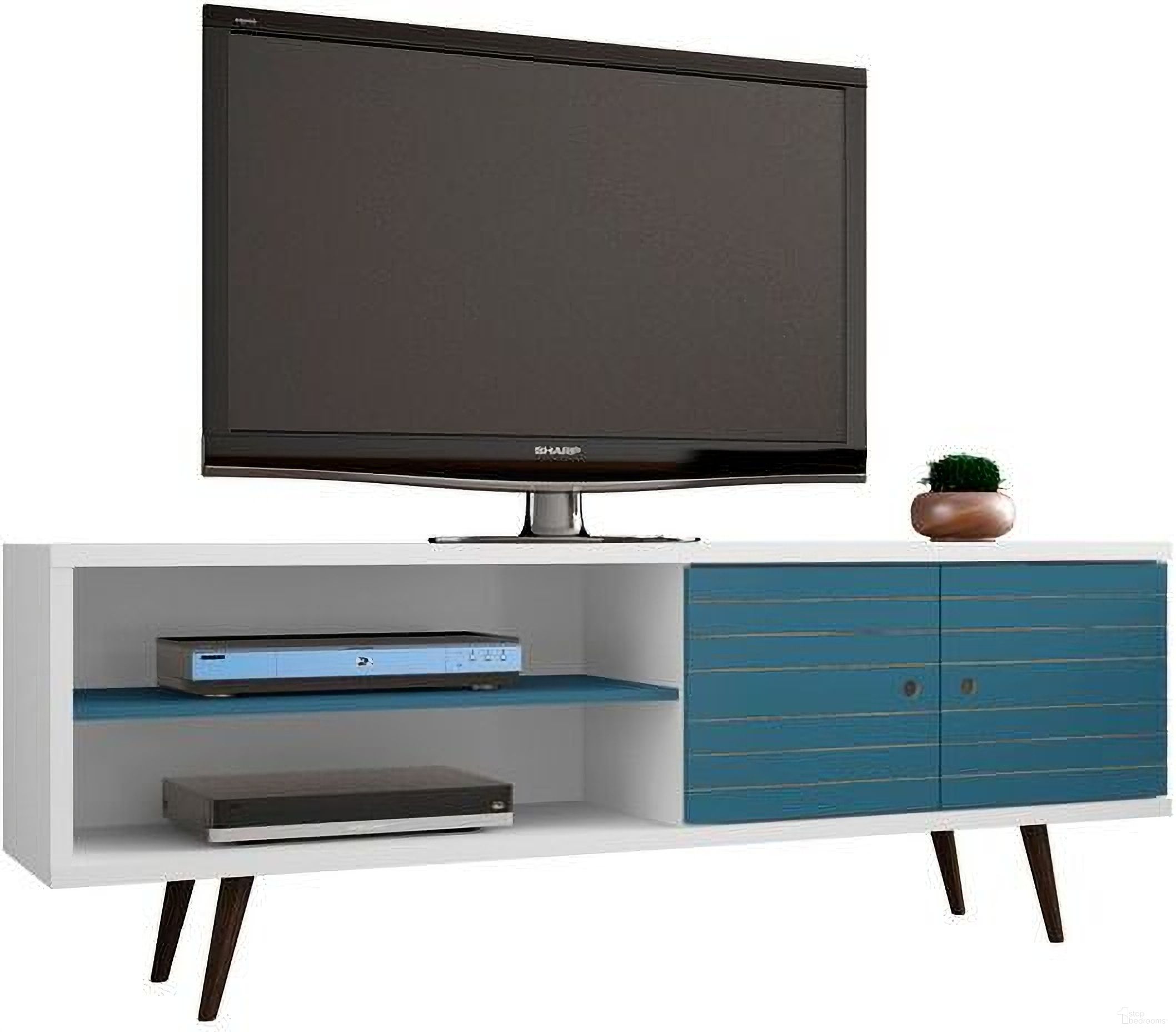 The appearance of Liberty 62.99 Inch Mid-Century - Modern TV Stand With 3 Shelves And 2 Doors In White And Aqua Blue With Solid Wood Legs designed by Manhattan Comfort in the transitional interior design. This white and blue piece of furniture was selected by 1StopBedrooms from Liberty Collection to add a touch of cosiness and style into your home. Sku: 201AMC63. Material: MDF.
