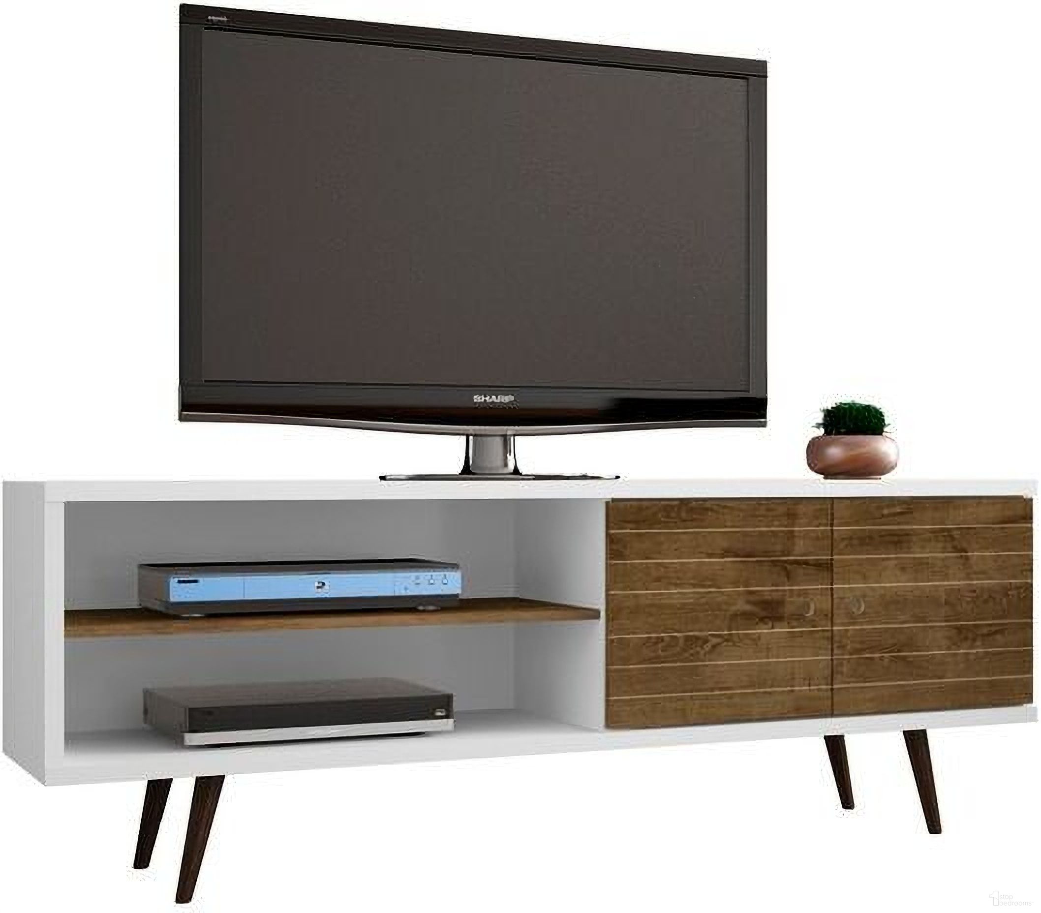 The appearance of Liberty 62.99 Inch Mid-Century - Modern TV Stand With 3 Shelves And 2 Doors In White And Rustic Brown With Solid Wood Legs designed by Manhattan Comfort in the transitional interior design. This off white and oak piece of furniture was selected by 1StopBedrooms from Liberty Collection to add a touch of cosiness and style into your home. Sku: 201AMC69. Material: MDF.