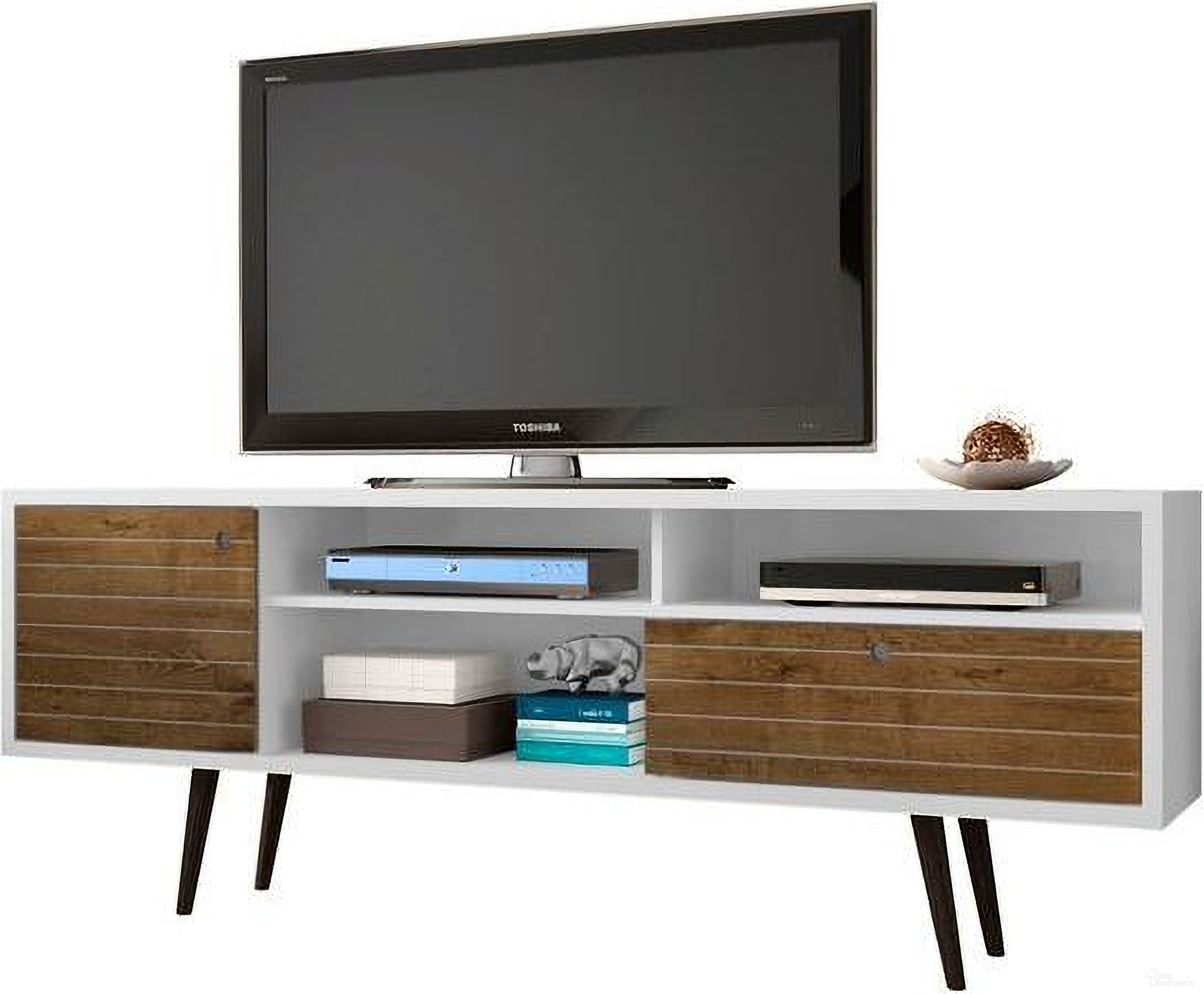 The appearance of Liberty 70.86 Inch Mid-Century - Modern TV Stand With 4 Shelving Spaces And 1 Drawer In Rustic Brown And White With Solid Wood Legs designed by Manhattan Comfort in the transitional interior design. This white and brown piece of furniture  was selected by 1StopBedrooms from Liberty Collection to add a touch of cosiness and style into your home. Sku: 202AMC96. Material: MDF.