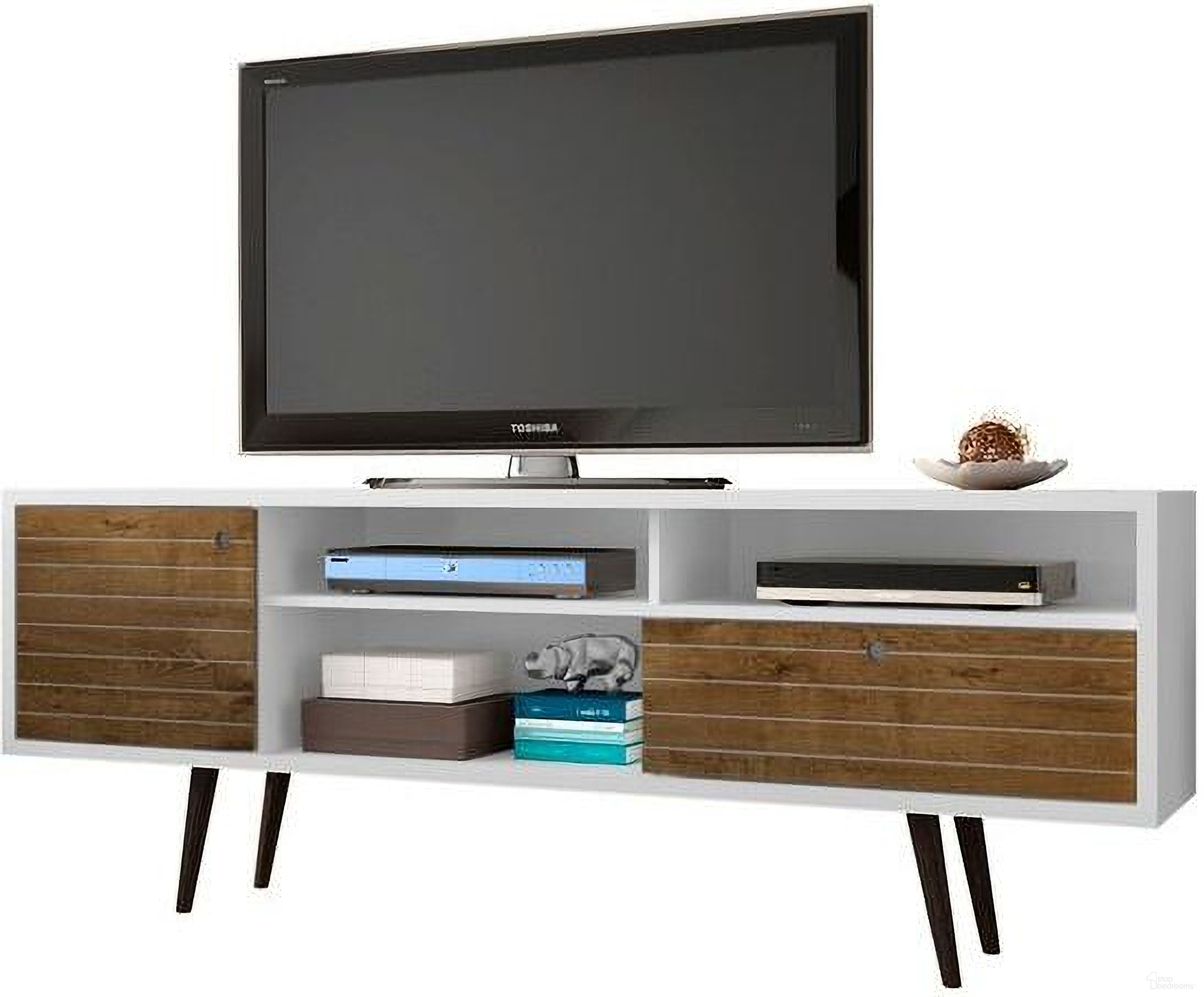 The appearance of Liberty 70.86 Inch Mid-Century - Modern TV Stand With 4 Shelving Spaces And 1 Drawer In White And Rustic Brown With Solid Wood Legs designed by Manhattan Comfort in the transitional interior design. This off white and oak piece of furniture was selected by 1StopBedrooms from Liberty Collection to add a touch of cosiness and style into your home. Sku: 202AMC69. Material: MDF.