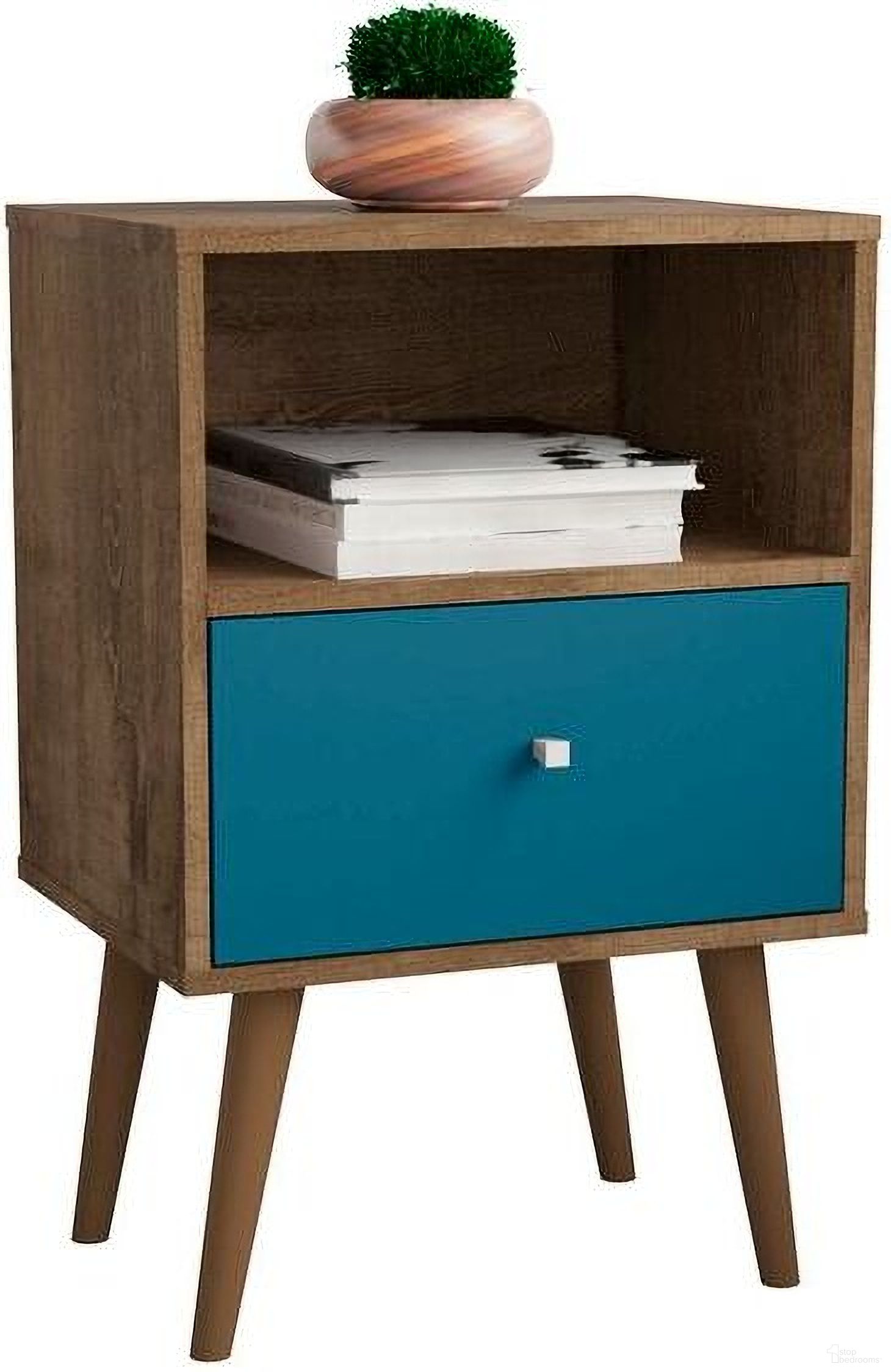 Liberty Mid-Century - Modern Nightstand 1.0 With 1 Cubby Space And 1 Drawer In Rustic Brown And Aqua Blue