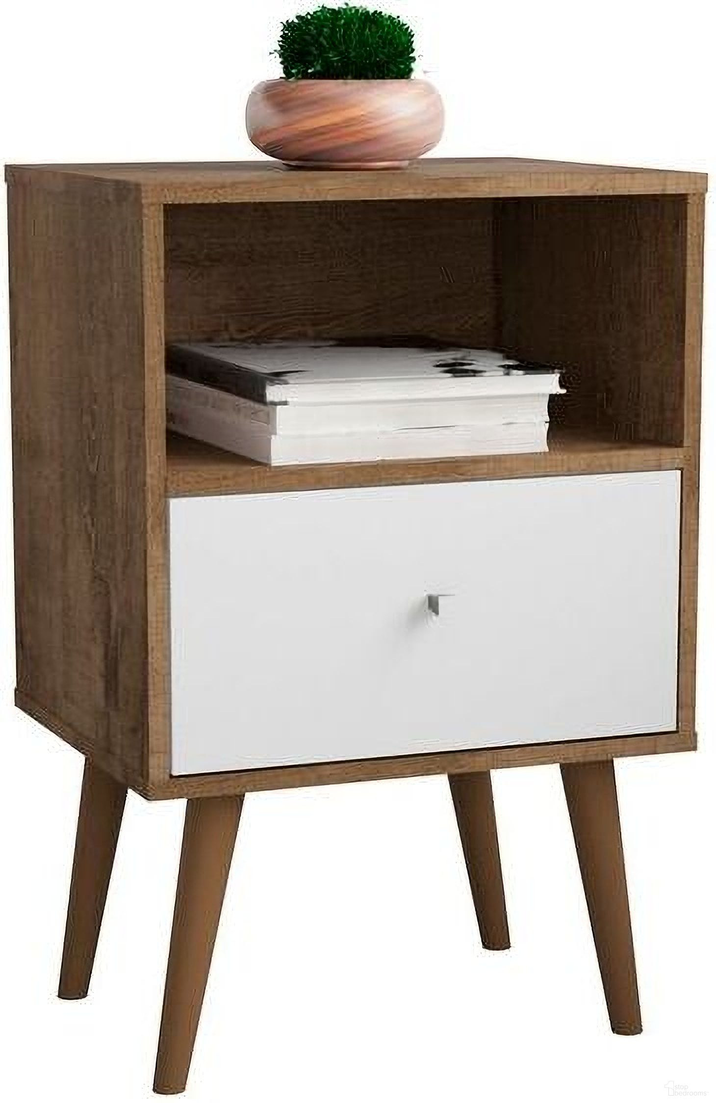 The appearance of Liberty Mid-Century - Modern Nightstand 1.0 With 1 Cubby Space And 1 Drawer In Rustic Brown And White designed by Manhattan Comfort in the transitional interior design. This white and brown piece of furniture was selected by 1StopBedrooms from Liberty Collection to add a touch of cosiness and style into your home. Sku: 203AMC96. Material: MDP.