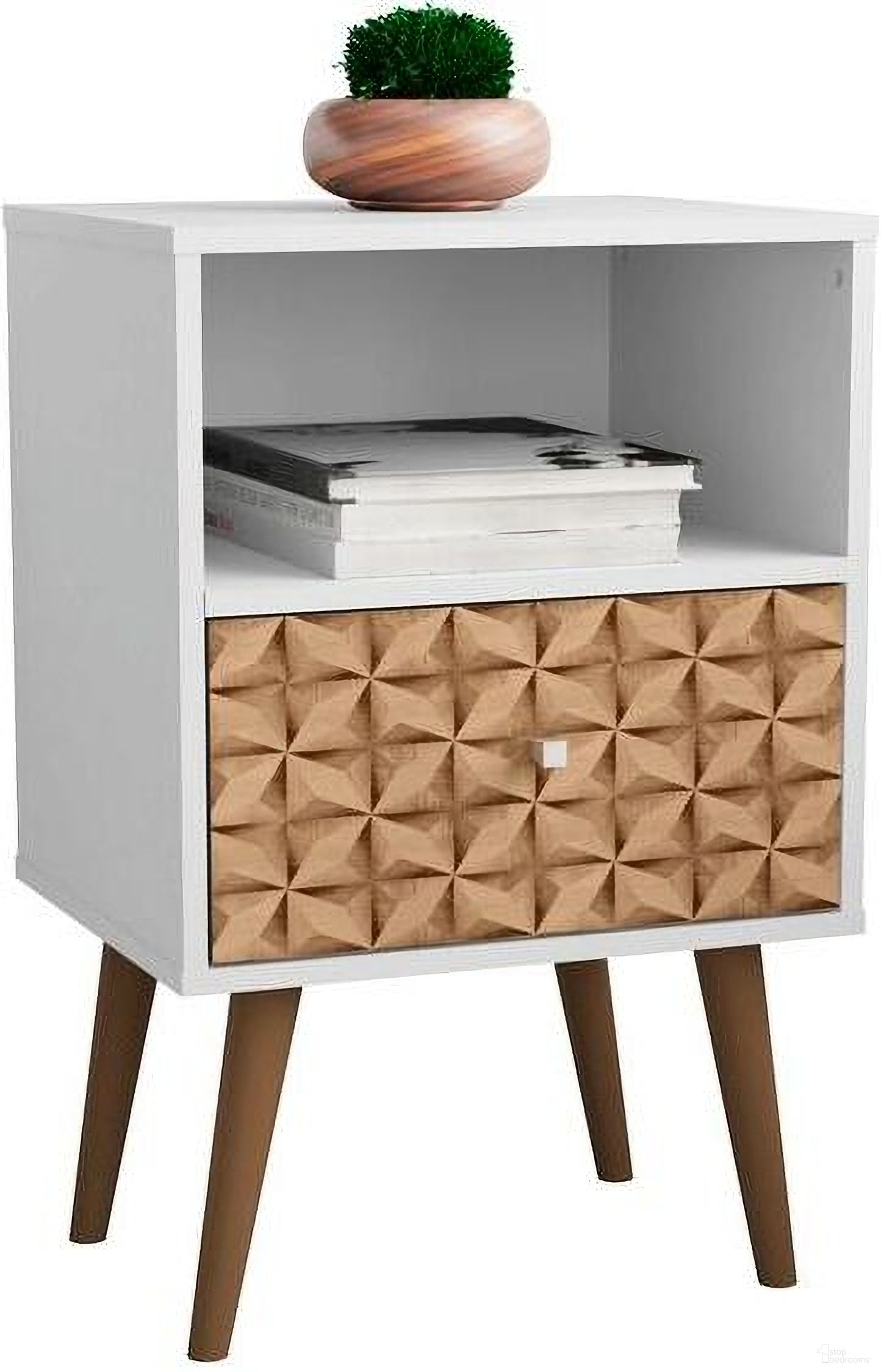 Liberty Mid-Century - Modern Nightstand 1.0 With 1 Cubby Space And 1 Drawer In White And 3D Brown Prints