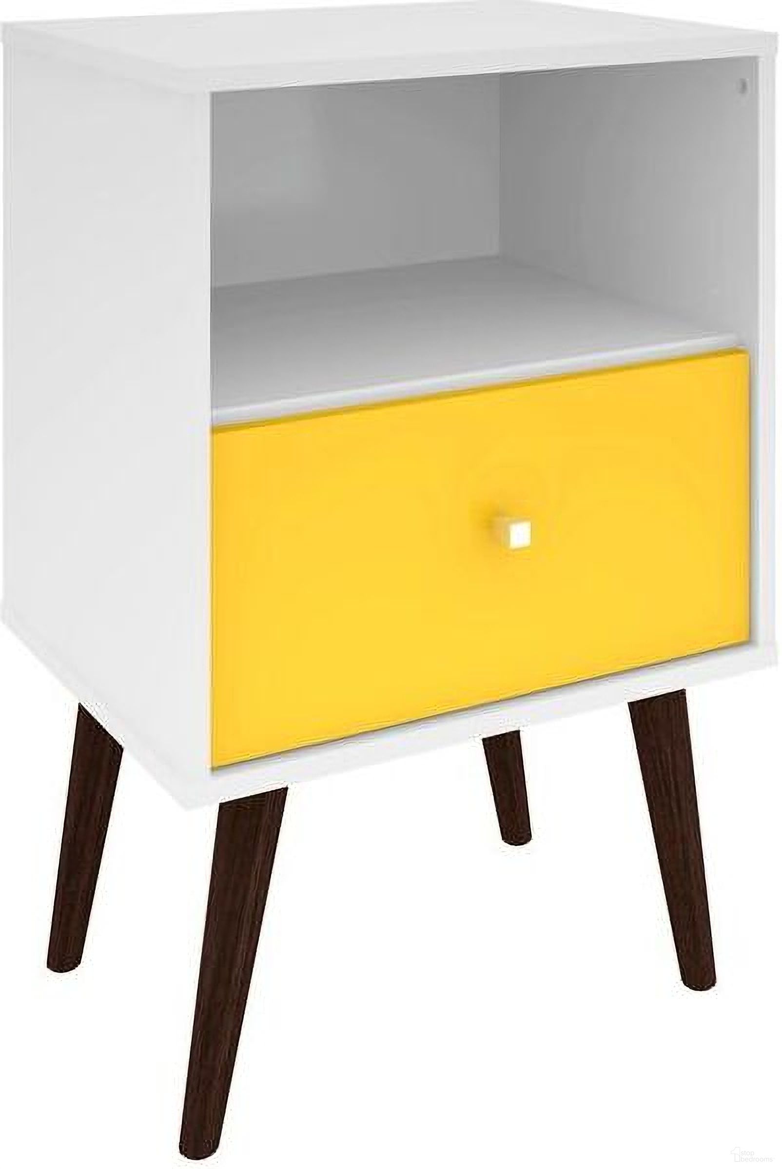 The appearance of Liberty Mid-Century - Modern Nightstand 1.0 With 1 Cubby Space And 1 Drawer In White And Yellow With Solid Wood Legs designed by Manhattan Comfort in the transitional interior design. This white and yellow piece of furniture was selected by 1StopBedrooms from Liberty Collection to add a touch of cosiness and style into your home. Sku: 203AMC63. Material: MDP.