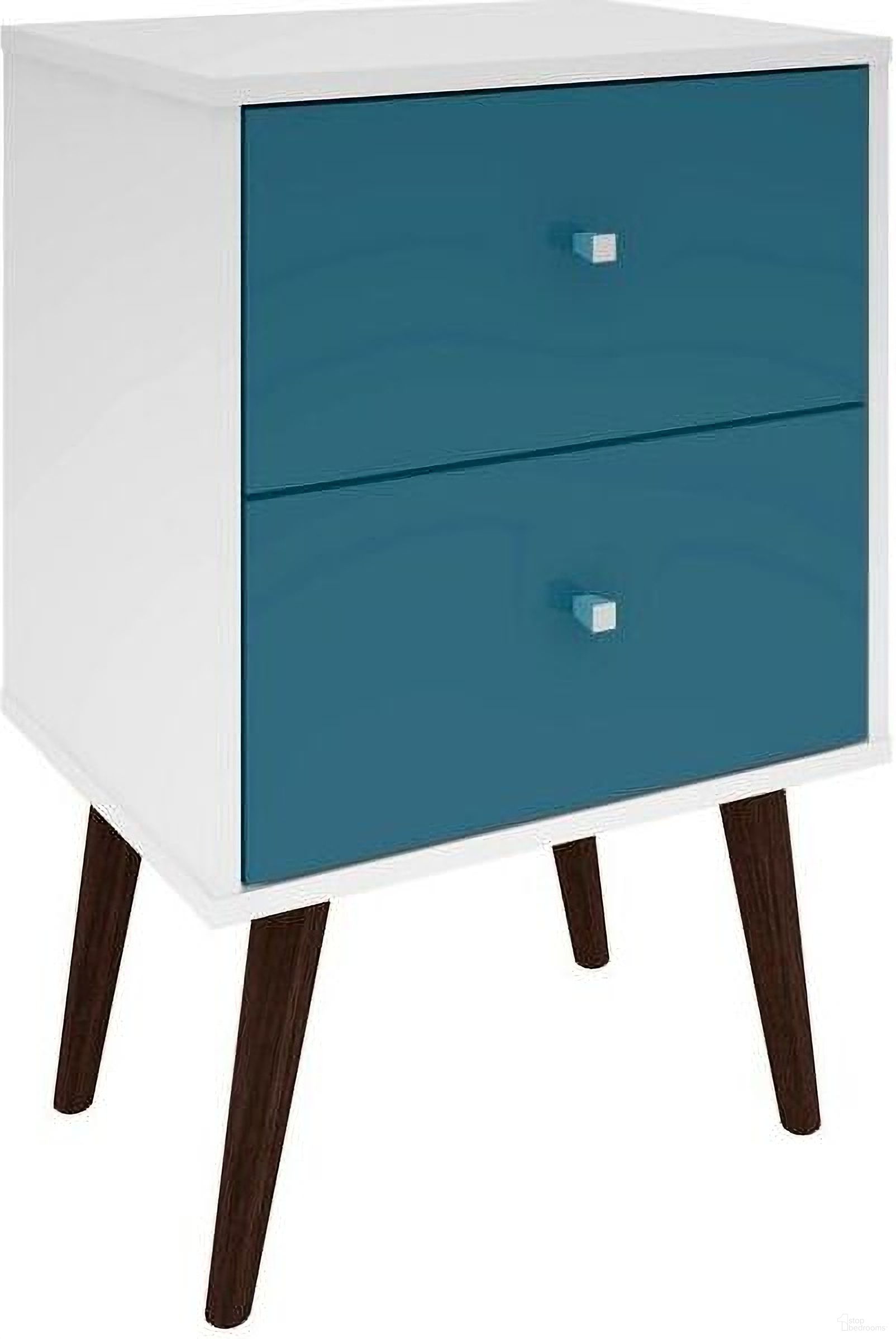 The appearance of Liberty Mid-Century - Modern Nightstand 2.0 With 2 Full Extension Drawers In White And Aqua Blue With Solid Wood Legs designed by Manhattan Comfort in the transitional interior design. This white and blue piece of furniture was selected by 1StopBedrooms from Liberty Collection to add a touch of cosiness and style into your home. Sku: 204AMC64. Material: MDP.