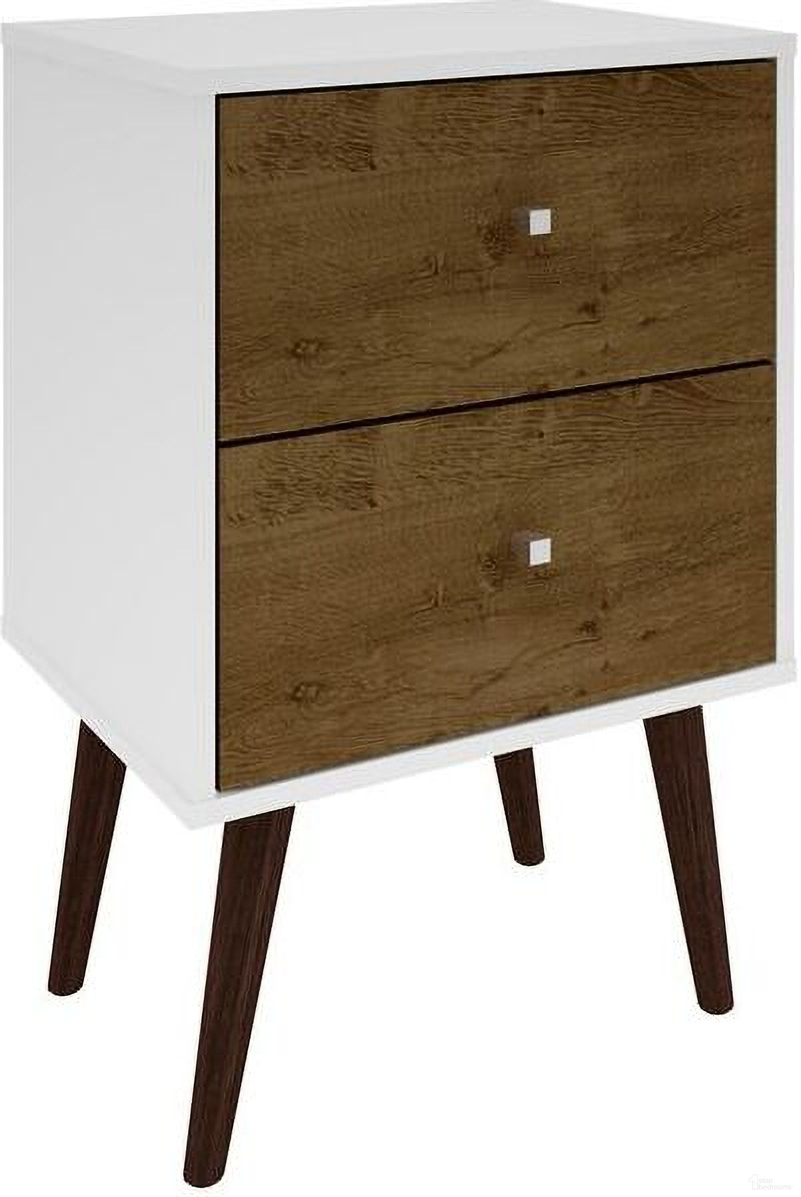 The appearance of Liberty Mid-Century - Modern Nightstand 2.0 With 2 Full Extension Drawers In White And Rustic Brown With Solid Wood Legs designed by Manhattan Comfort in the transitional interior design. This off white and oak piece of furniture was selected by 1StopBedrooms from Liberty Collection to add a touch of cosiness and style into your home. Sku: 204AMC69. Material: MDP.