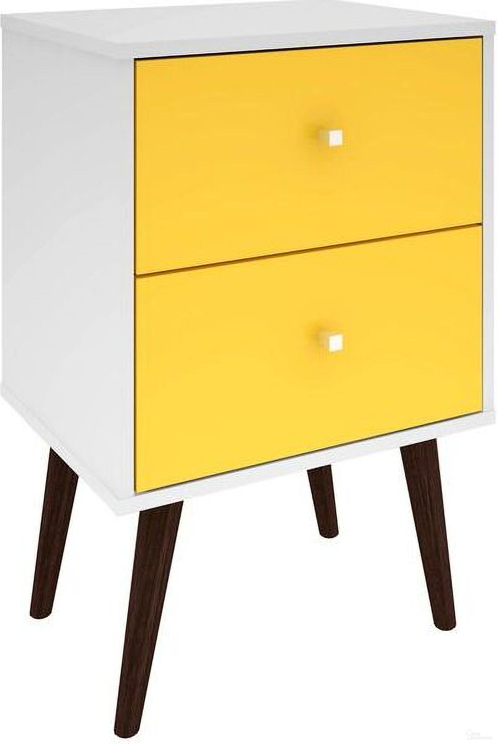 The appearance of Liberty Mid-Century - Modern Nightstand 2.0 With 2 Full Extension Drawers In White And Yellow With Solid Wood Legs designed by Manhattan Comfort in the transitional interior design. This white and yellow piece of furniture was selected by 1StopBedrooms from Liberty Collection to add a touch of cosiness and style into your home. Sku: 204AMC63. Material: MDP.