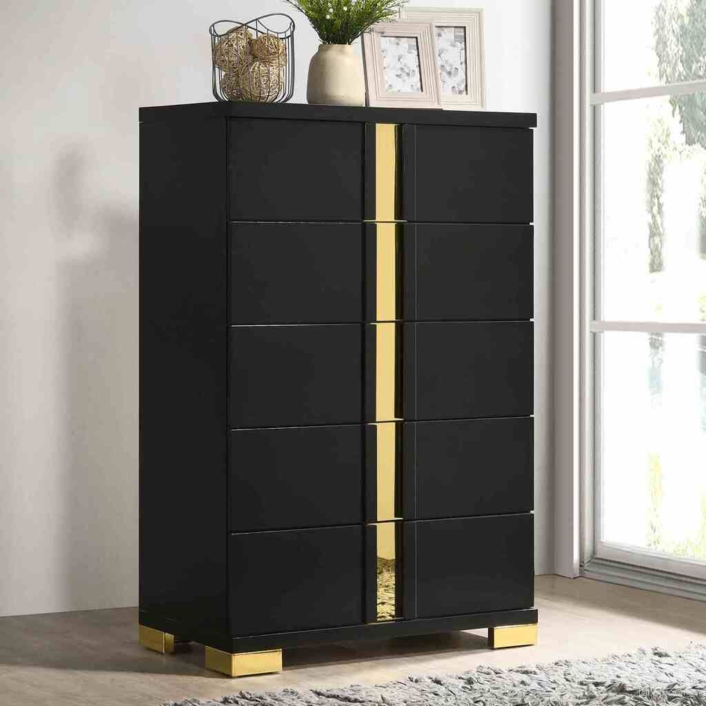 The appearance of Lillestrom Chest In Black and Gold designed by Furniture of America in the modern / contemporary interior design. This black/gold piece of furniture was selected by 1StopBedrooms from Lillestrom Collection to add a touch of cosiness and style into your home. Sku: FM7217BK-C. Material: Engineered Wood.