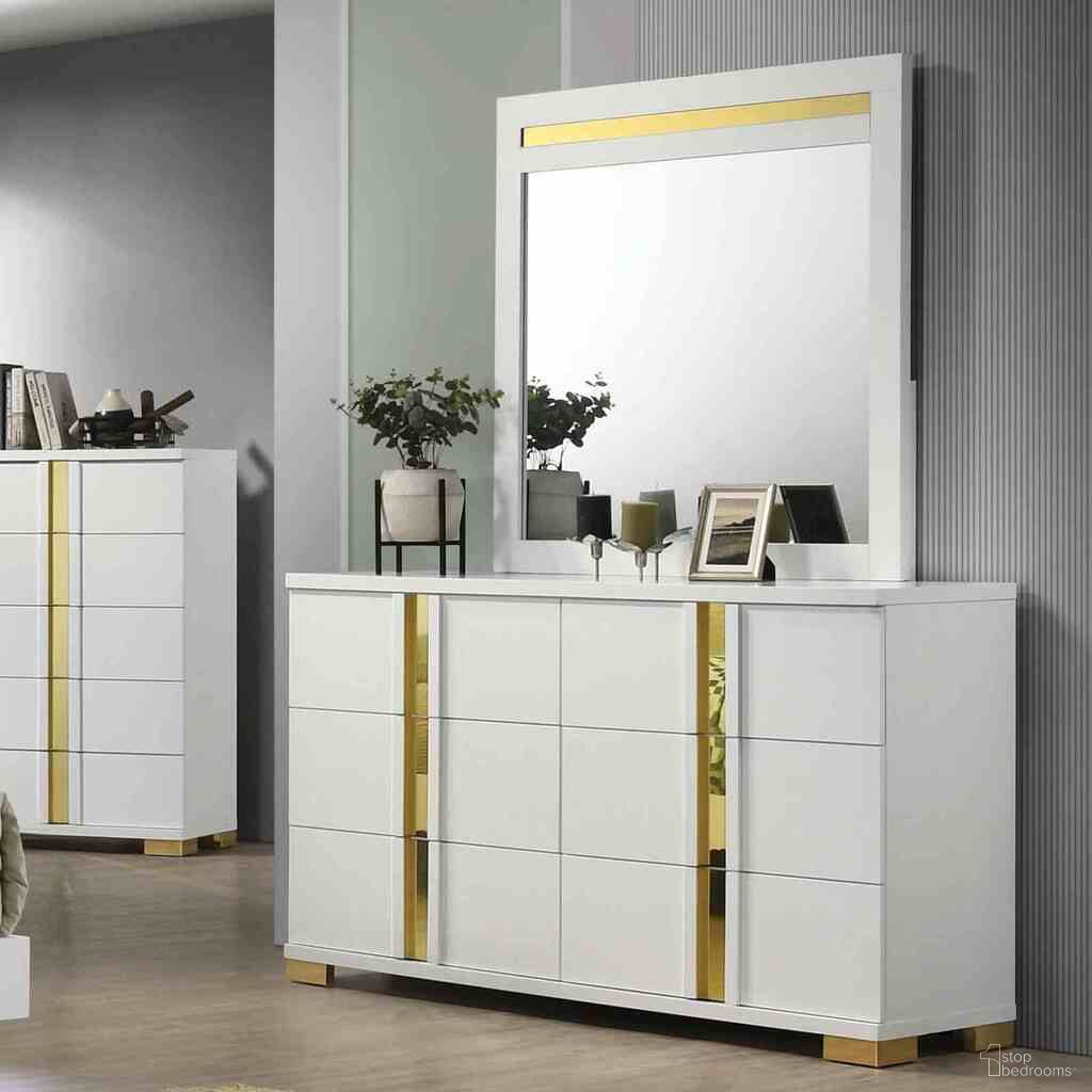 The appearance of Lillestrom Dresser In White and Gold designed by Furniture of America in the modern / contemporary interior design. This white/gold piece of furniture  was selected by 1StopBedrooms from Lillestrom Collection to add a touch of cosiness and style into your home. Sku: FM7217WH-D. Material: Engineered Wood.