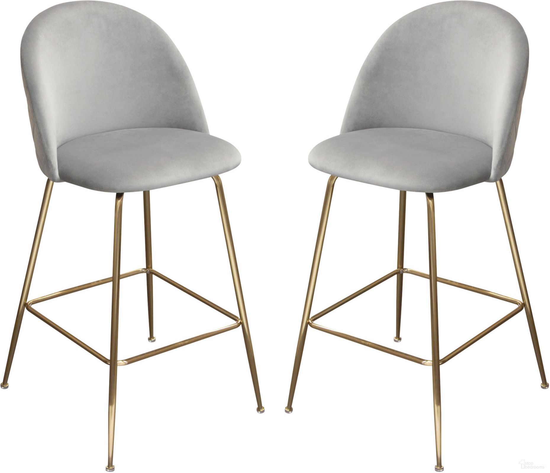 Lilly Set of 2 Bar Height Chairs in Grey Velvet with Brushed Gold Metal Legs