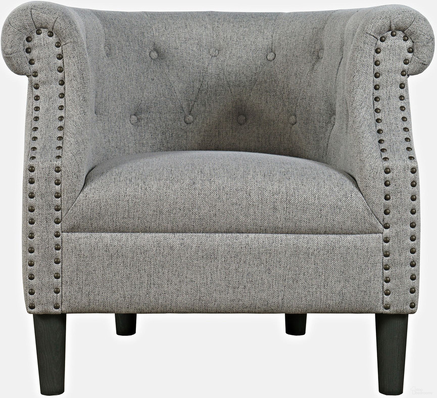 The appearance of Lily Upholstered Barrel Curved Back Accent Chair with Nailhead Trim In Ash designed by Jofran in the traditional interior design. This ash piece of furniture was selected by 1StopBedrooms from Lily Collection to add a touch of cosiness and style into your home. Sku: LILY-CH-ASH. Material: Plywood.