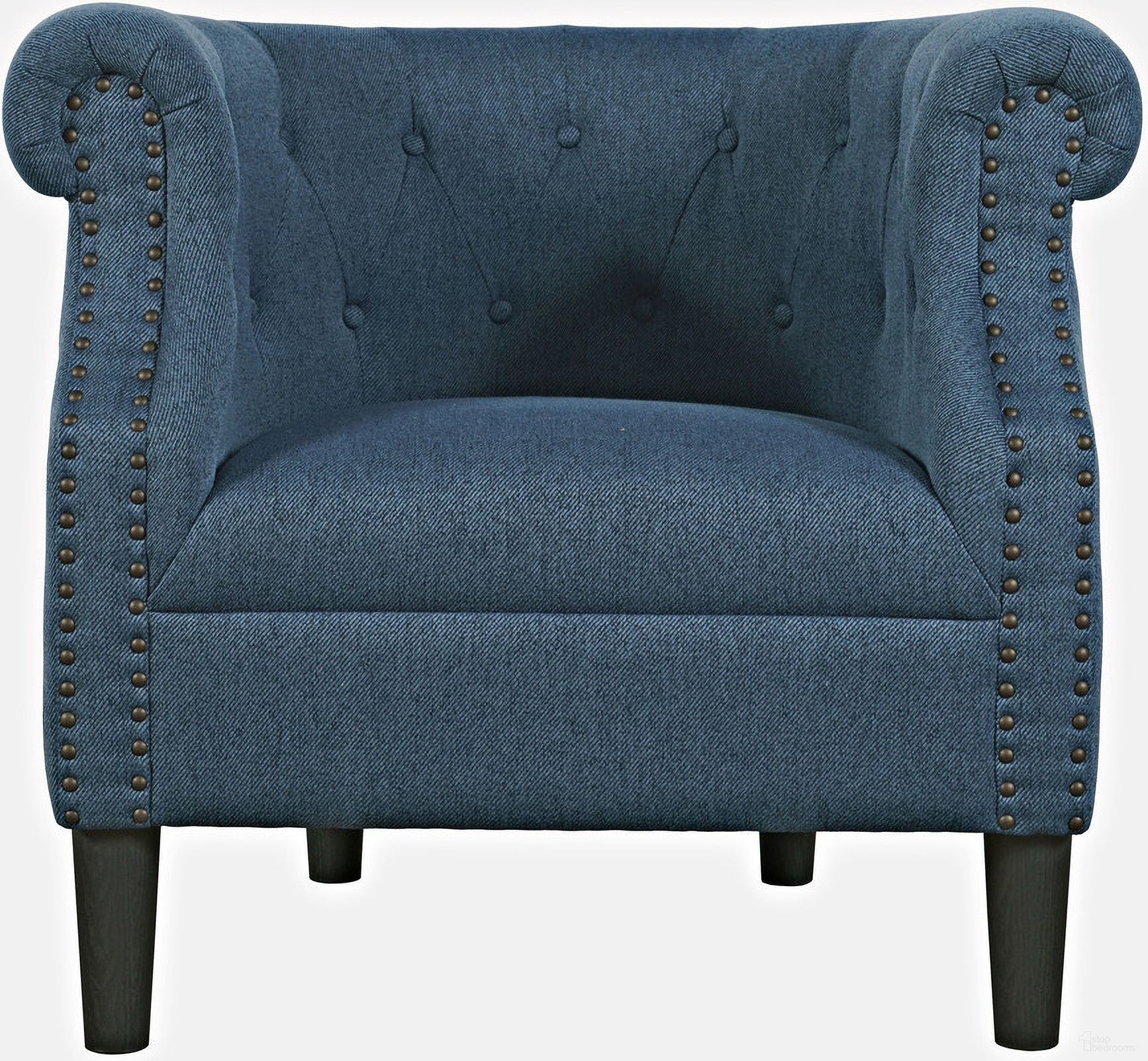 The appearance of Lily Upholstered Barrel Curved Back Accent Chair with Nailhead Trim In Blue designed by Jofran in the traditional interior design. This blue piece of furniture  was selected by 1StopBedrooms from Lily Collection to add a touch of cosiness and style into your home. Sku: LILY-CH-BLUE. Material: Plywood.