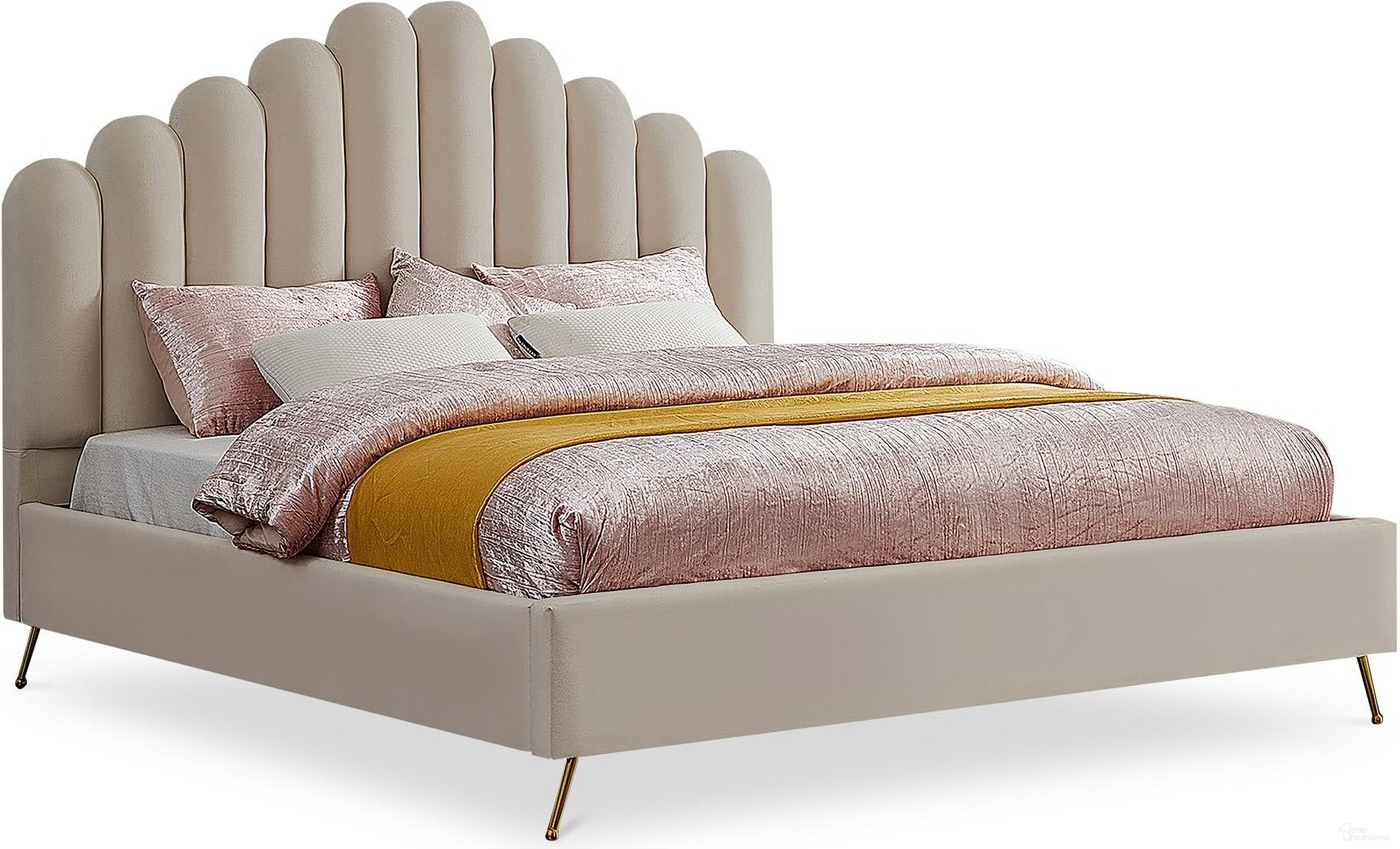 The appearance of Lily Velvet King Bed In Cream designed by Meridian in the modern / contemporary interior design. This cream velvet piece of furniture was selected by 1StopBedrooms from Lily Collection to add a touch of cosiness and style into your home. Sku: LilyCream-K Box 1/2 (HB/Slats);LilyCream-K Box 2/2 (Siderails/FB/Metal Legs/Metal Bar). Bed Type: Panel Bed. Bed Size: King. Material: Velvet.