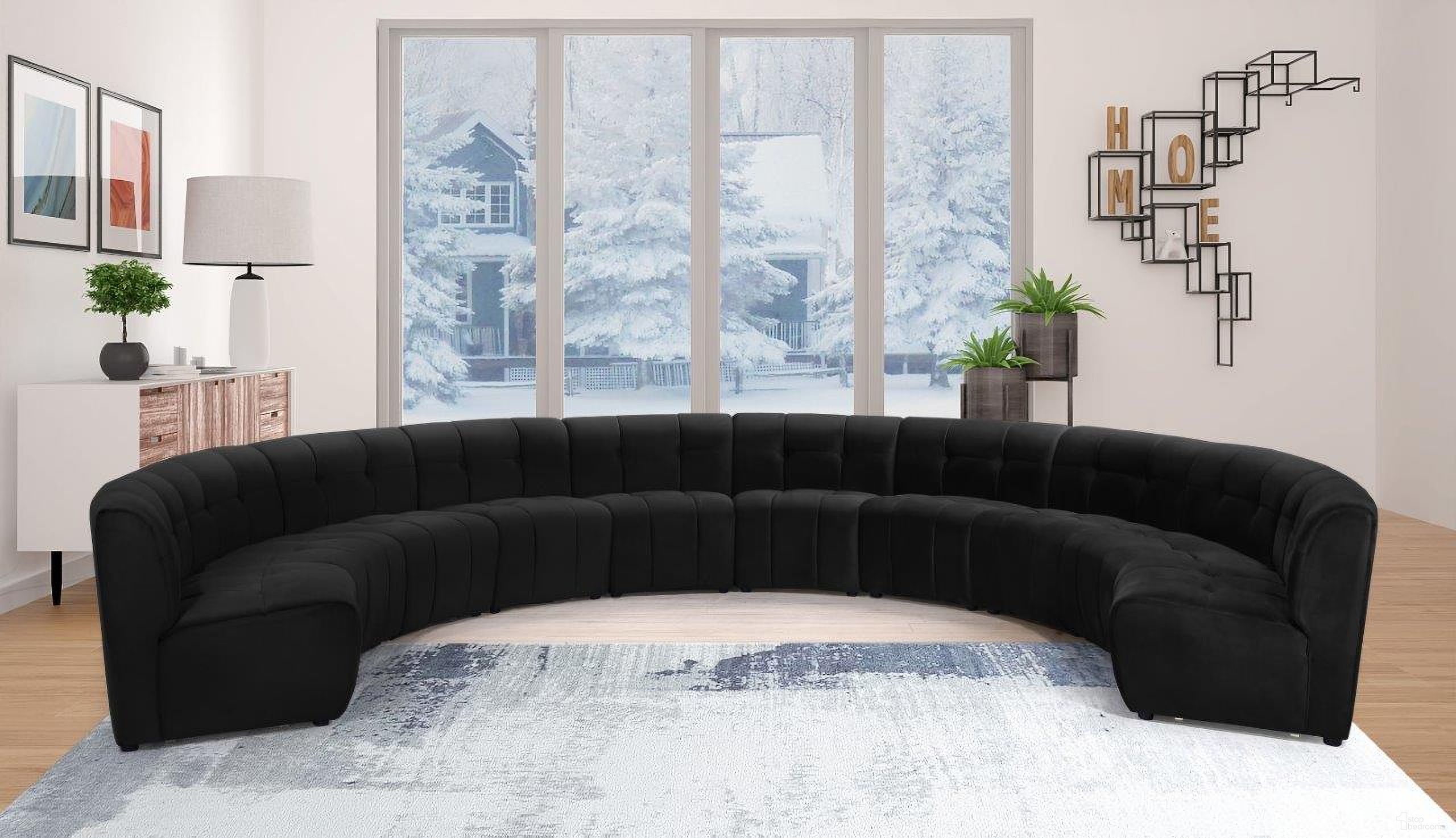 The appearance of Limitless 10-Piece Velvet Modular Sectional In Black designed by Meridian in the modern / contemporary interior design. This black piece of furniture  was selected by 1StopBedrooms from Limitless Collection to add a touch of cosiness and style into your home. Sku: 645Black-C;645Black-C;645Black-C;645Black-C;645Black-C;645Black-C;645Black-C;645Black-C;645Black-C;645Black-C. Material: Velvet. Layout: Curved.