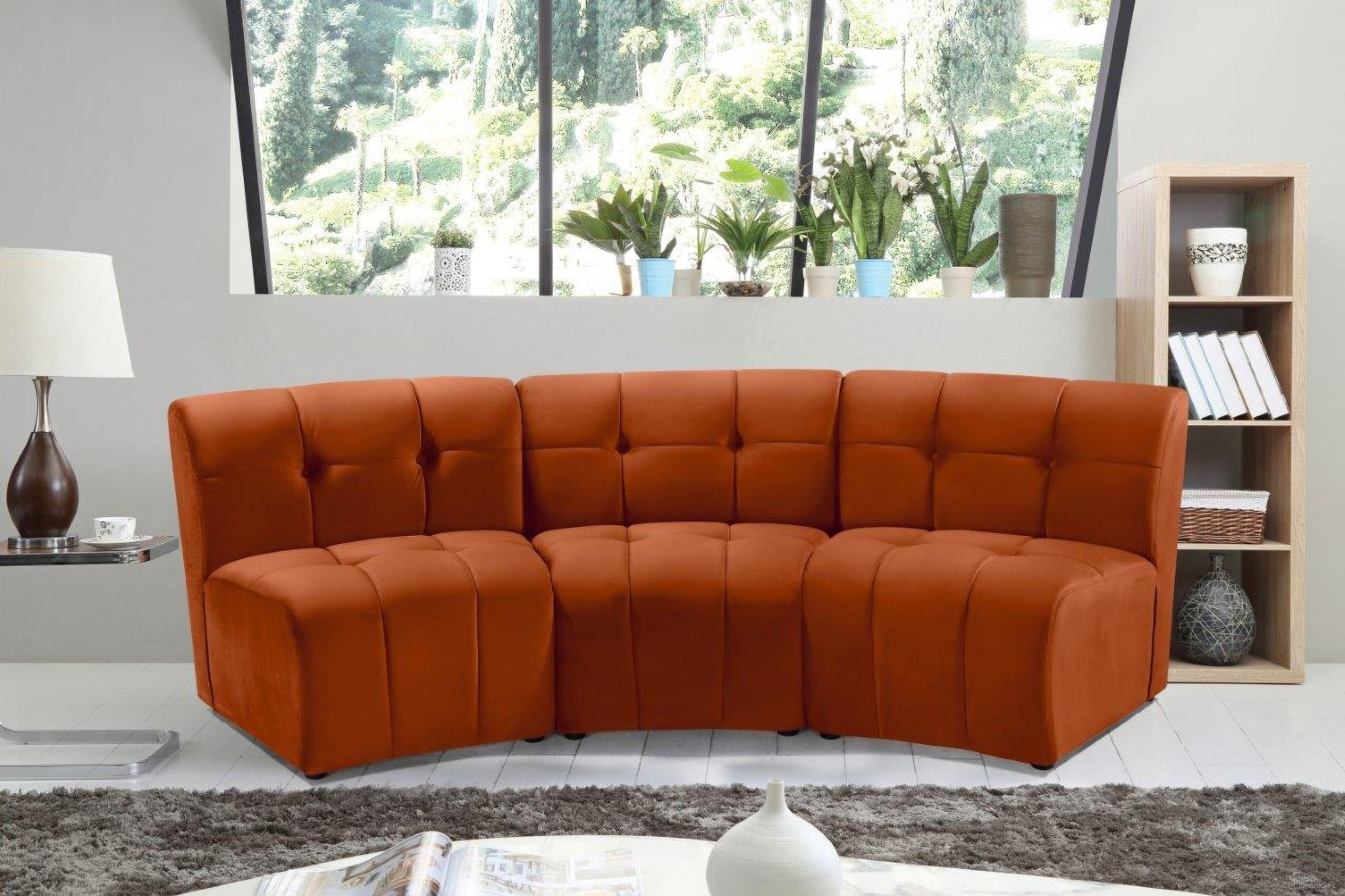 The appearance of Limitless 3-Piece Velvet Modular Sectional In Cognac designed by Meridian in the modern / contemporary interior design. This cognac piece of furniture  was selected by 1StopBedrooms from Limitless Collection to add a touch of cosiness and style into your home. Sku: 645Cognac-C;645Cognac-C;645Cognac-C. Material: Velvet. Layout: Curved.