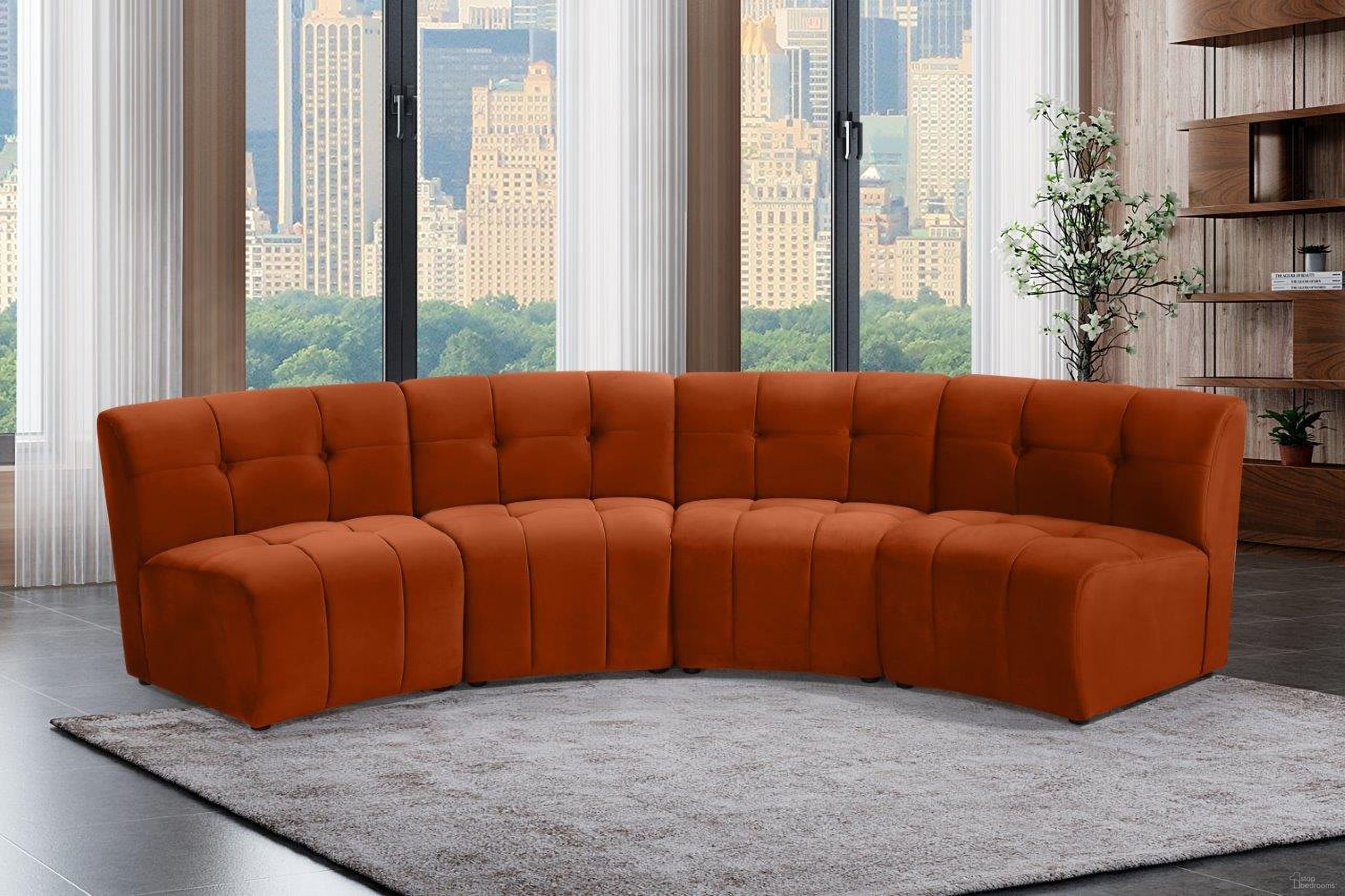 The appearance of Limitless 4-Piece Velvet Modular Sectional In Cognac designed by Meridian in the modern / contemporary interior design. This cognac piece of furniture  was selected by 1StopBedrooms from Limitless Collection to add a touch of cosiness and style into your home. Sku: 645Cognac-C;645Cognac-C;645Cognac-C;645Cognac-C. Material: Velvet. Layout: Curved.