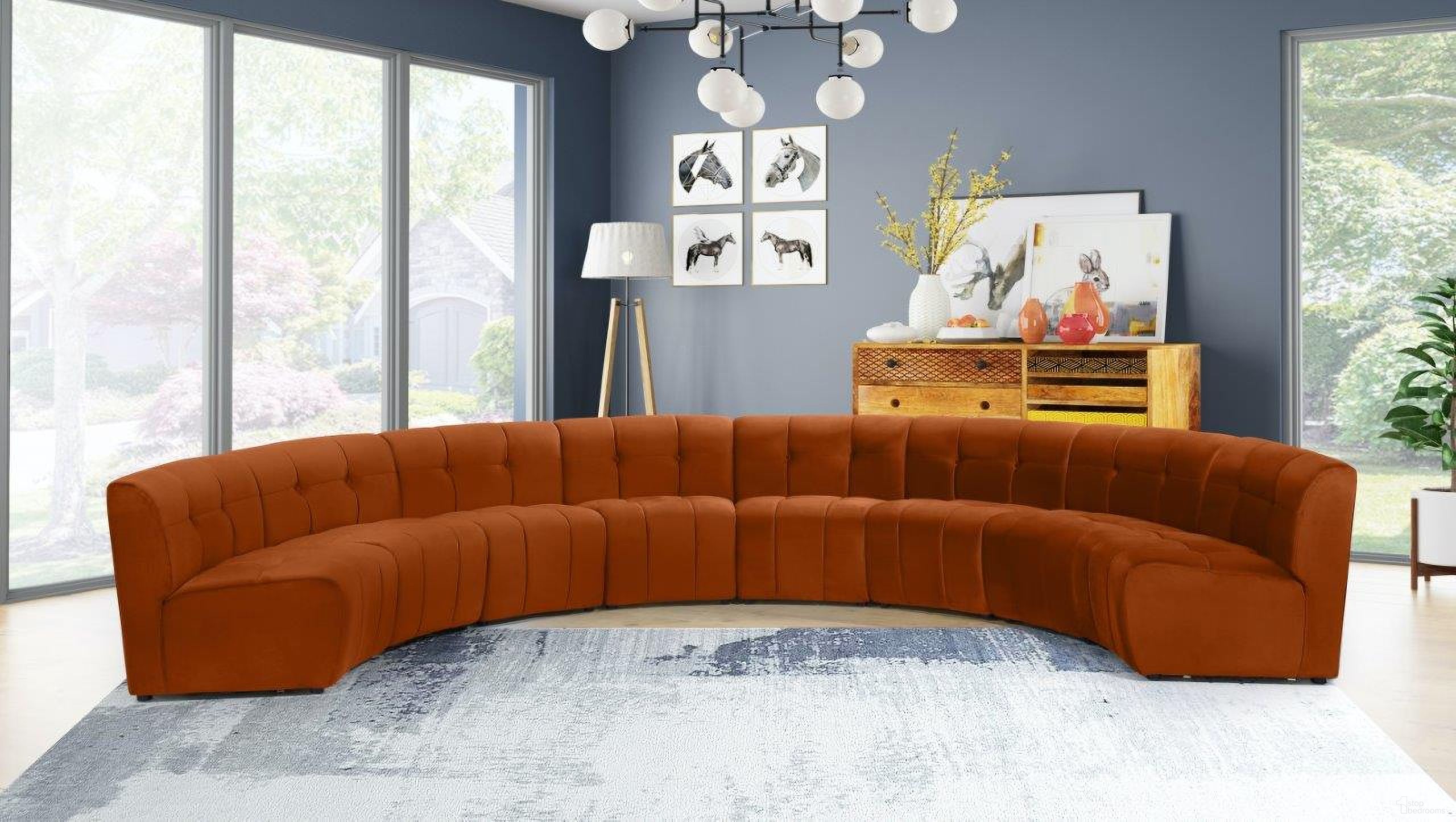 The appearance of Limitless 8-Piece Velvet Modular Sectional In Cognac designed by Meridian in the modern / contemporary interior design. This cognac piece of furniture  was selected by 1StopBedrooms from Limitless Collection to add a touch of cosiness and style into your home. Sku: 645Cognac-C;645Cognac-C;645Cognac-C;645Cognac-C;645Cognac-C;645Cognac-C;645Cognac-C;645Cognac-C. Material: Velvet. Layout: Curved.