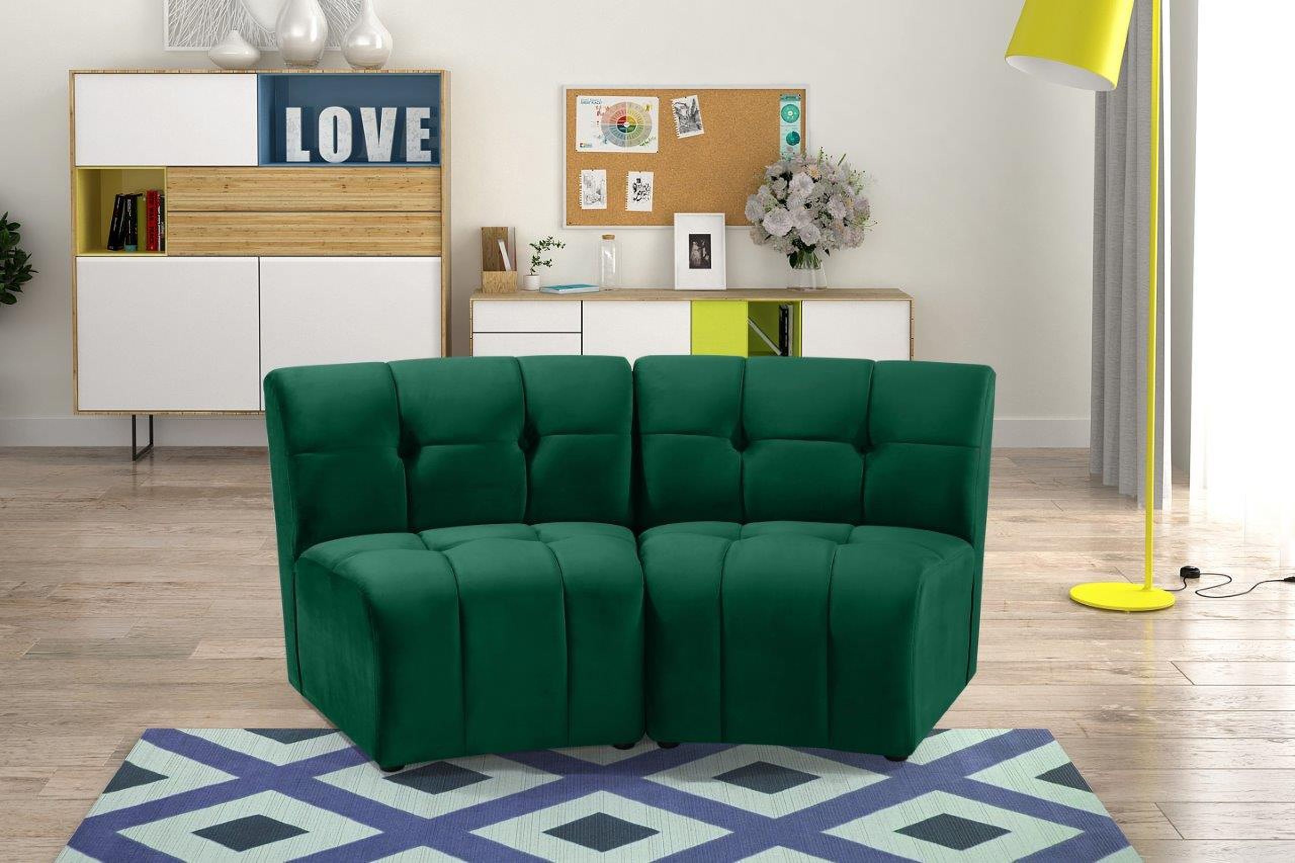 The appearance of Limitless 2-Piece Velvet Modular Sectional In Green designed by Meridian in the modern / contemporary interior design. This green piece of furniture  was selected by 1StopBedrooms from Limitless Collection to add a touch of cosiness and style into your home. Sku: 645Green-C;645Green-C. Material: Velvet. Layout: Curved.