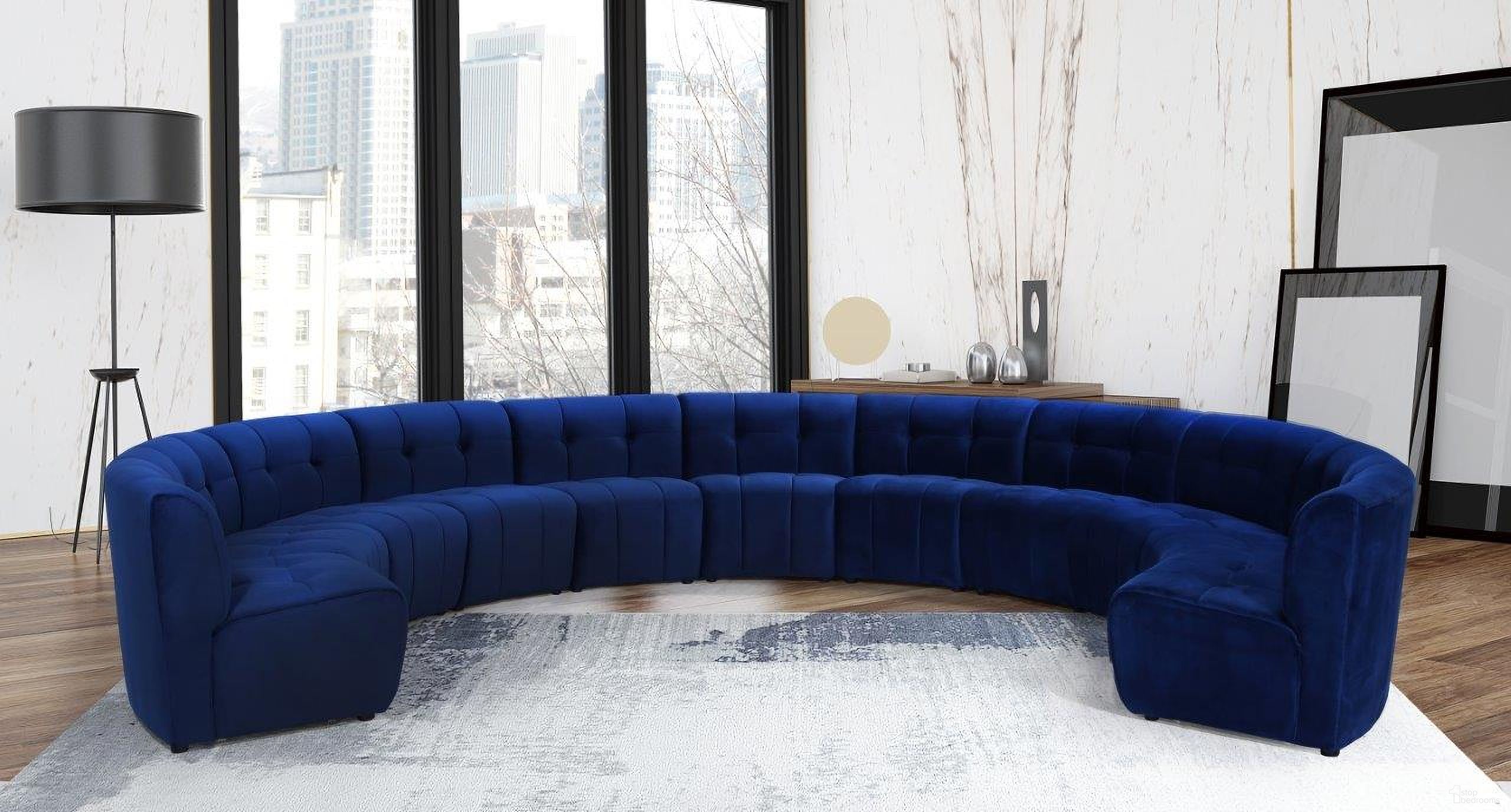 The appearance of Limitless 11-Piece Velvet Modular Sectional In Navy designed by Meridian in the modern / contemporary interior design. This navy piece of furniture was selected by 1StopBedrooms from Limitless Collection to add a touch of cosiness and style into your home. Sku: 645Navy-C;645Navy-C;645Navy-C;645Navy-C;645Navy-C;645Navy-C;645Navy-C;645Navy-C;645Navy-C;645Navy-C;645Navy-C. Material: Velvet. Layout: Curved.