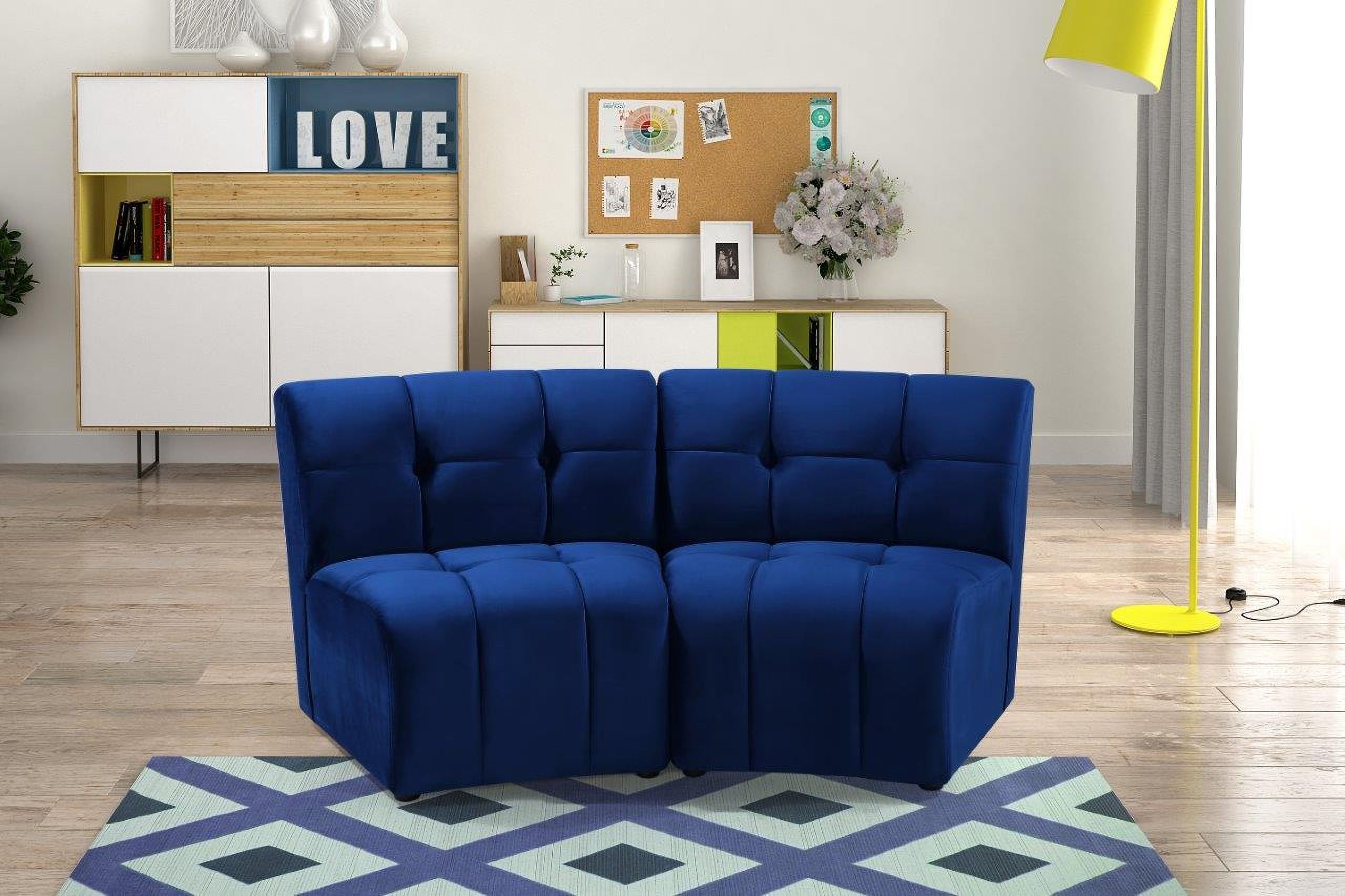 The appearance of Limitless 2-Piece Velvet Modular Sectional In Navy designed by Meridian in the modern / contemporary interior design. This navy piece of furniture was selected by 1StopBedrooms from Limitless Collection to add a touch of cosiness and style into your home. Sku: 645Navy-C;645Navy-C. Material: Velvet. Layout: Curved.