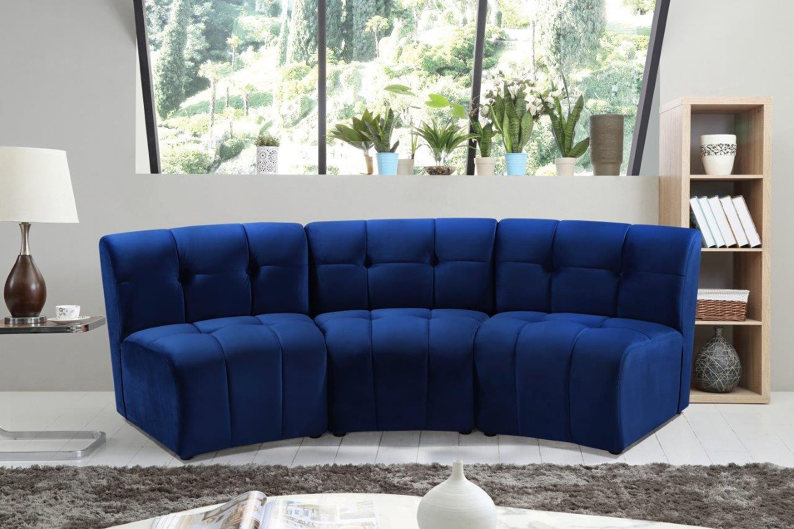 The appearance of Limitless 3-Piece Velvet Modular Sectional In Navy designed by Meridian in the modern / contemporary interior design. This navy piece of furniture was selected by 1StopBedrooms from Limitless Collection to add a touch of cosiness and style into your home. Sku: 645Navy-C;645Navy-C;645Navy-C. Material: Velvet. Layout: Curved.