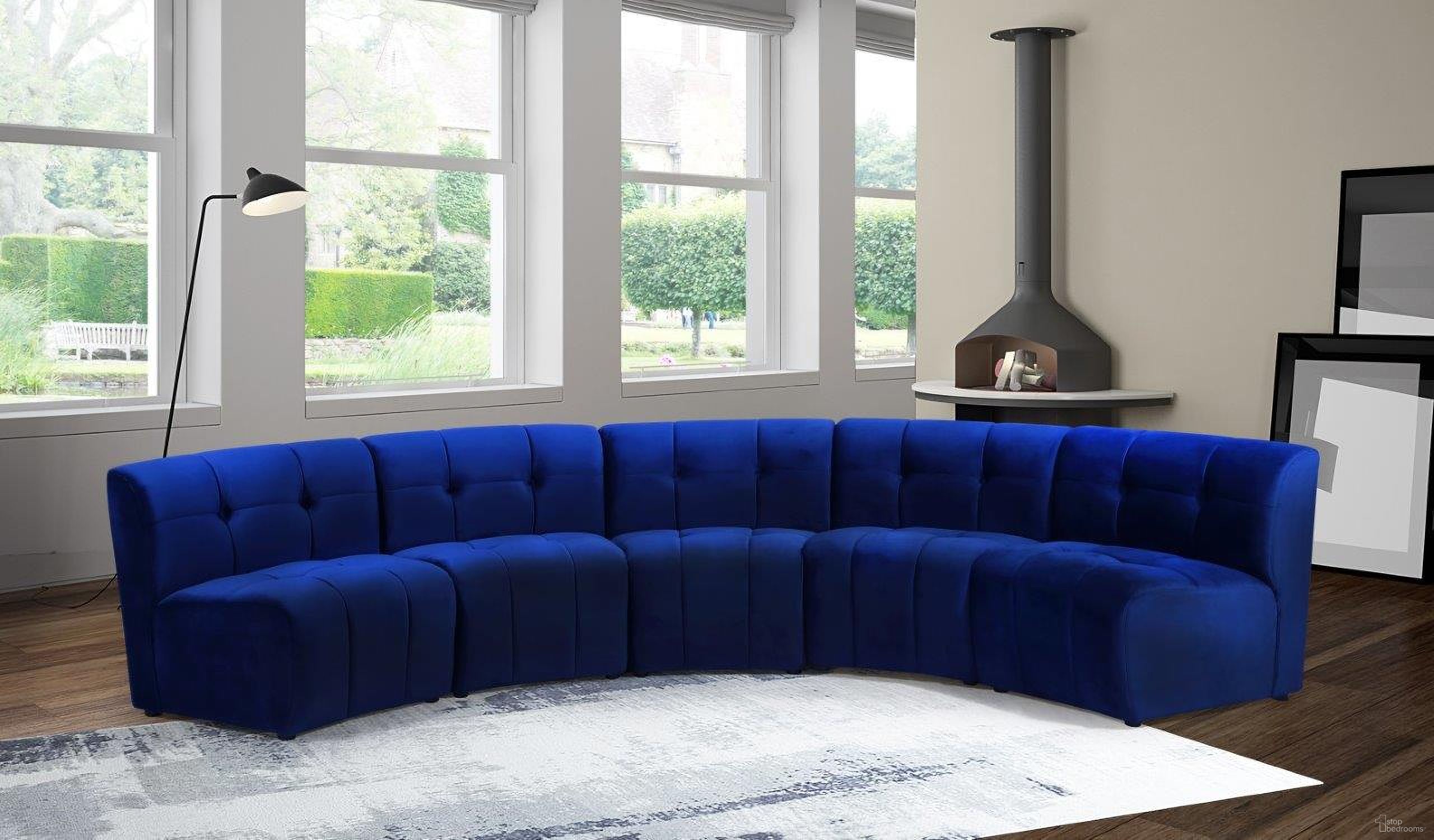 The appearance of Limitless 5-Piece Velvet Modular Sectional In Navy designed by Meridian in the modern / contemporary interior design. This navy piece of furniture was selected by 1StopBedrooms from Limitless Collection to add a touch of cosiness and style into your home. Sku: 645Navy-C;645Navy-C;645Navy-C;645Navy-C;645Navy-C. Material: Velvet. Layout: Curved.