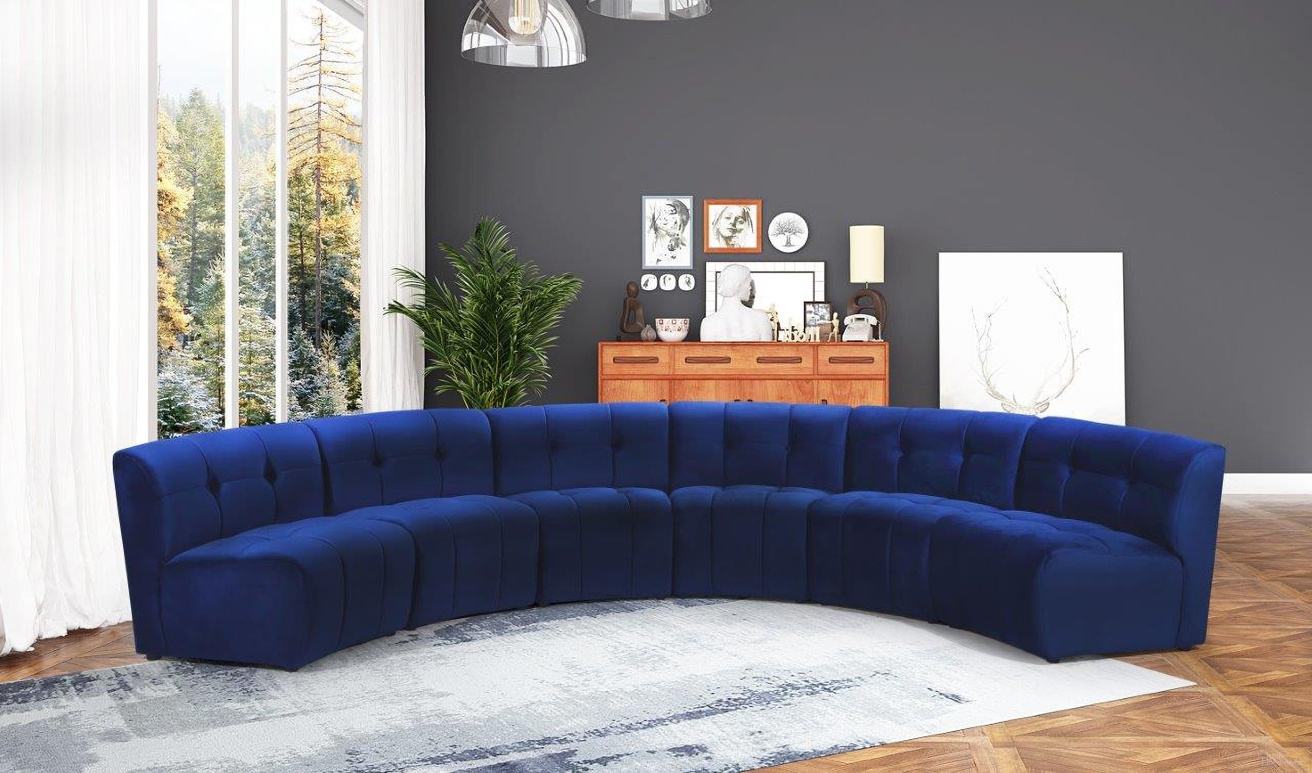 The appearance of Limitless 6-Piece Velvet Modular Sectional In Navy designed by Meridian in the modern / contemporary interior design. This navy piece of furniture was selected by 1StopBedrooms from Limitless Collection to add a touch of cosiness and style into your home. Sku: 645Navy-C;645Navy-C;645Navy-C;645Navy-C;645Navy-C;645Navy-C. Material: Velvet. Layout: Curved.