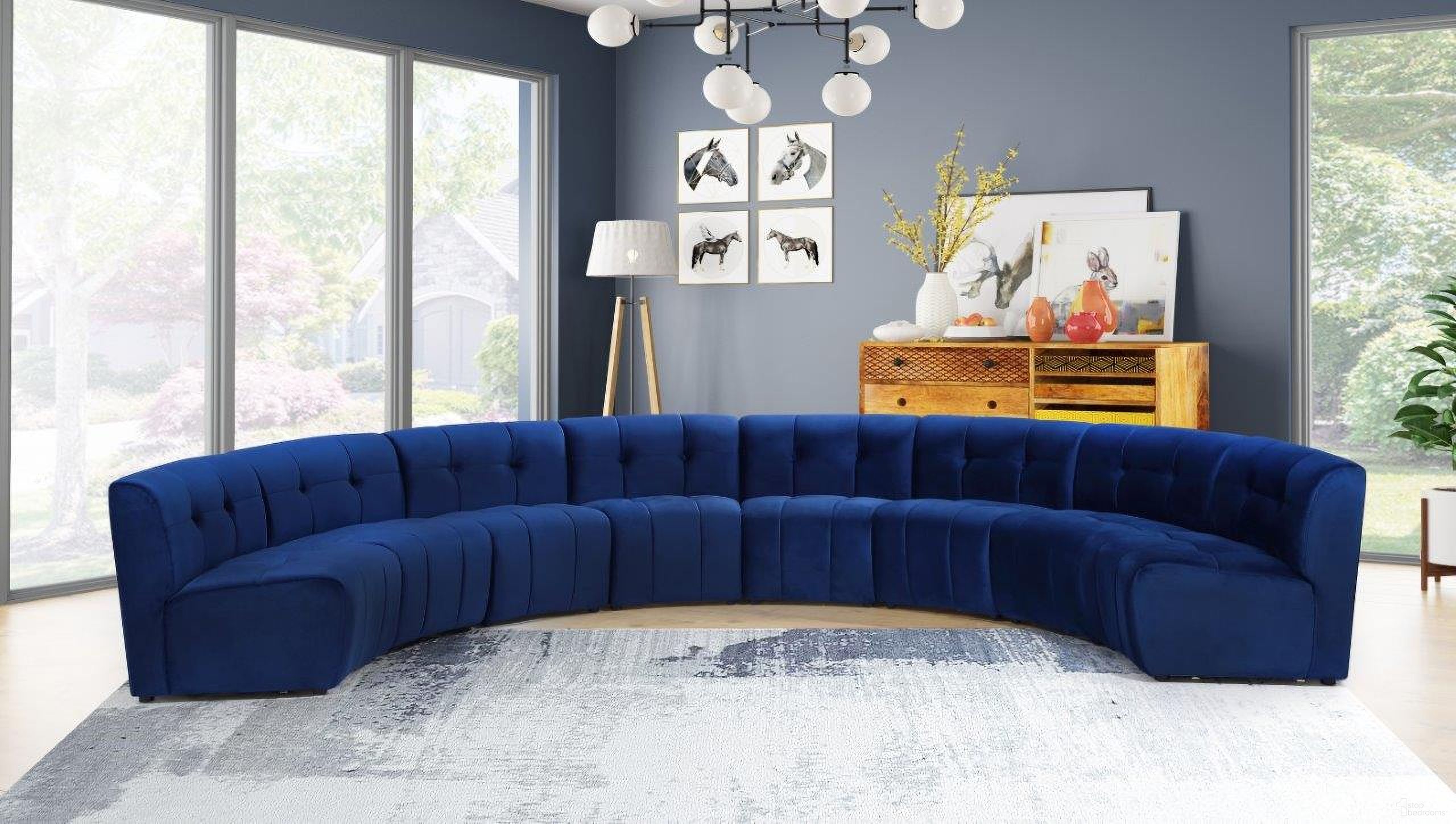 The appearance of Limitless 8-Piece Velvet Modular Sectional In Navy designed by Meridian in the modern / contemporary interior design. This navy piece of furniture was selected by 1StopBedrooms from Limitless Collection to add a touch of cosiness and style into your home. Sku: 645Navy-C;645Navy-C;645Navy-C;645Navy-C;645Navy-C;645Navy-C;645Navy-C;645Navy-C. Material: Velvet. Layout: Curved.