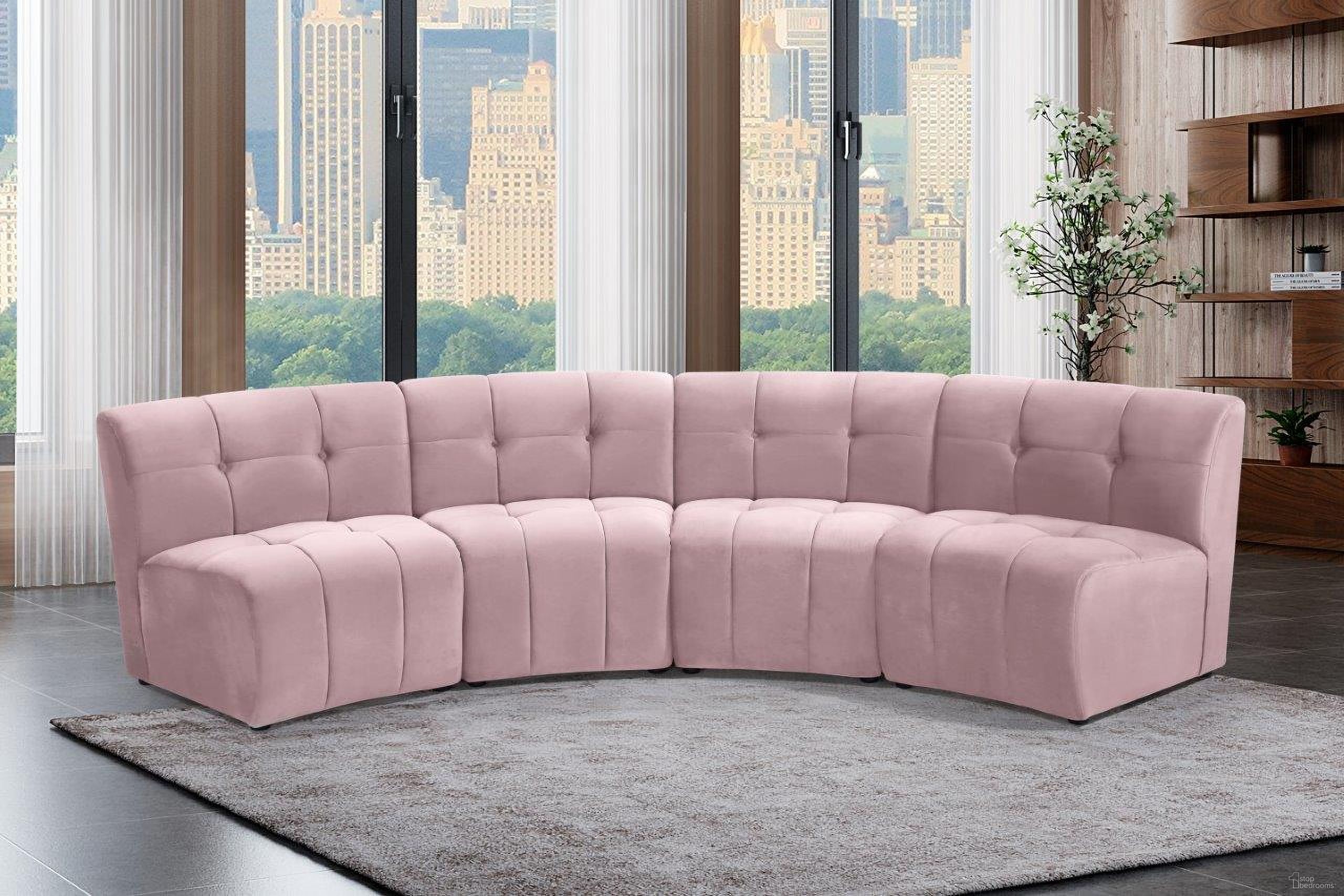 The appearance of Limitless 4-Piece Velvet Modular Sectional In Pink designed by Meridian in the modern / contemporary interior design. This pink piece of furniture was selected by 1StopBedrooms from Limitless Collection to add a touch of cosiness and style into your home. Sku: 645Pink-C;645Pink-C;645Pink-C;645Pink-C. Material: Velvet. Layout: Curved.