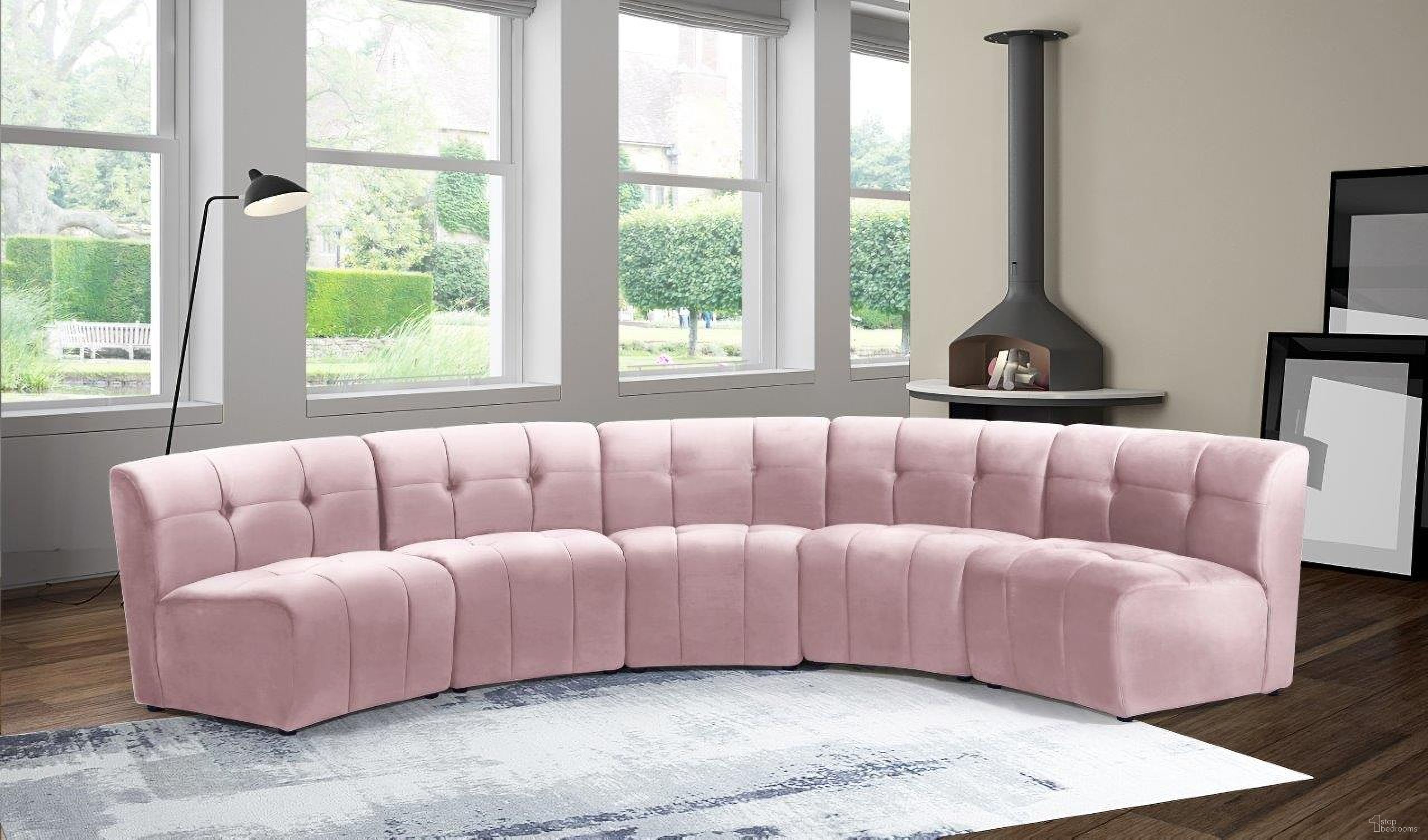 The appearance of Limitless 5-Piece Velvet Modular Sectional In Pink designed by Meridian in the modern / contemporary interior design. This pink piece of furniture was selected by 1StopBedrooms from Limitless Collection to add a touch of cosiness and style into your home. Sku: 645Pink-C;645Pink-C;645Pink-C;645Pink-C;645Pink-C. Material: Velvet. Layout: Curved.