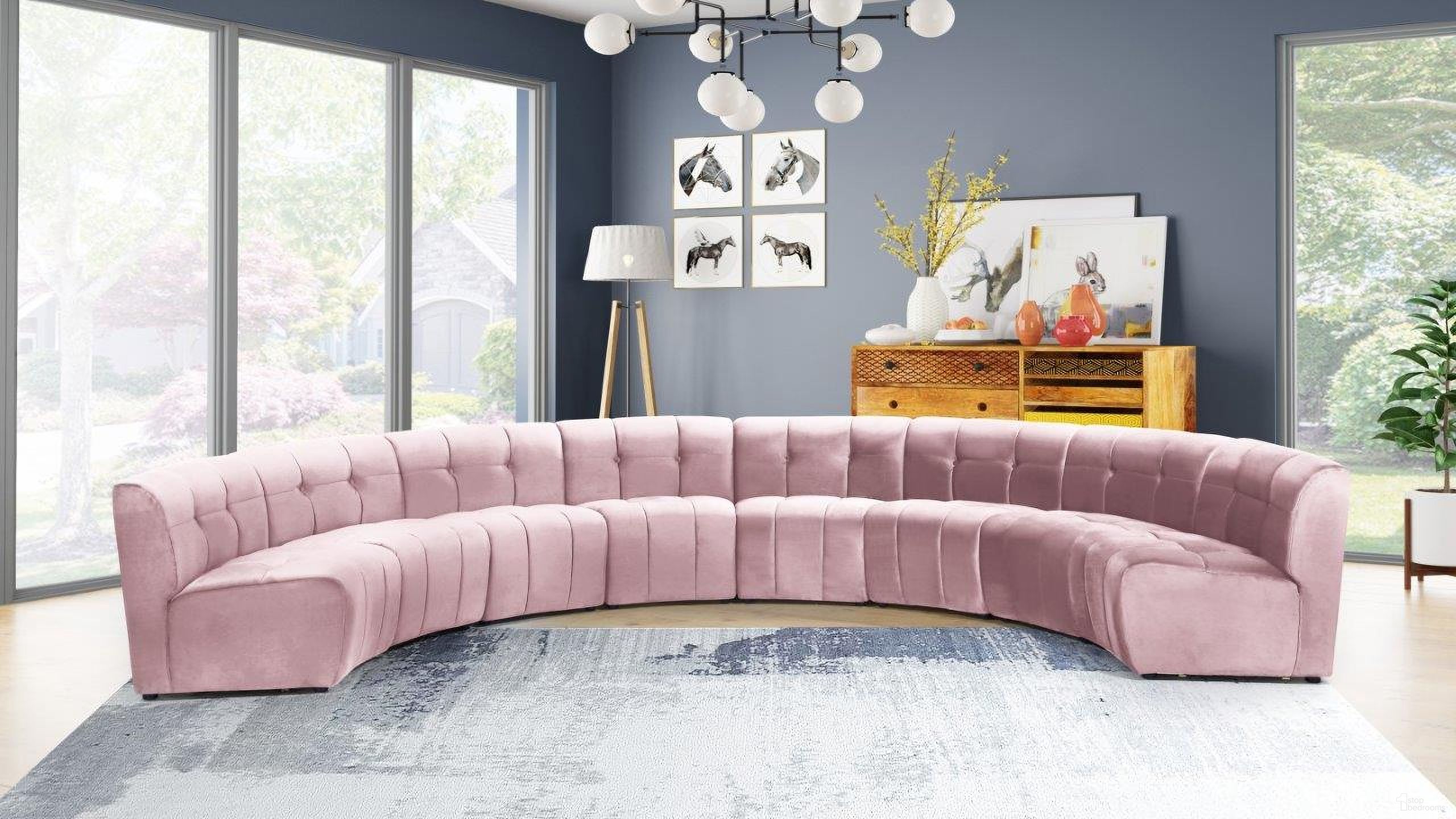 The appearance of Limitless 8-Piece Velvet Modular Sectional In Pink designed by Meridian in the modern / contemporary interior design. This pink piece of furniture  was selected by 1StopBedrooms from Limitless Collection to add a touch of cosiness and style into your home. Sku: 645Pink-C;645Pink-C;645Pink-C;645Pink-C;645Pink-C;645Pink-C;645Pink-C;645Pink-C. Material: Velvet. Layout: Curved.