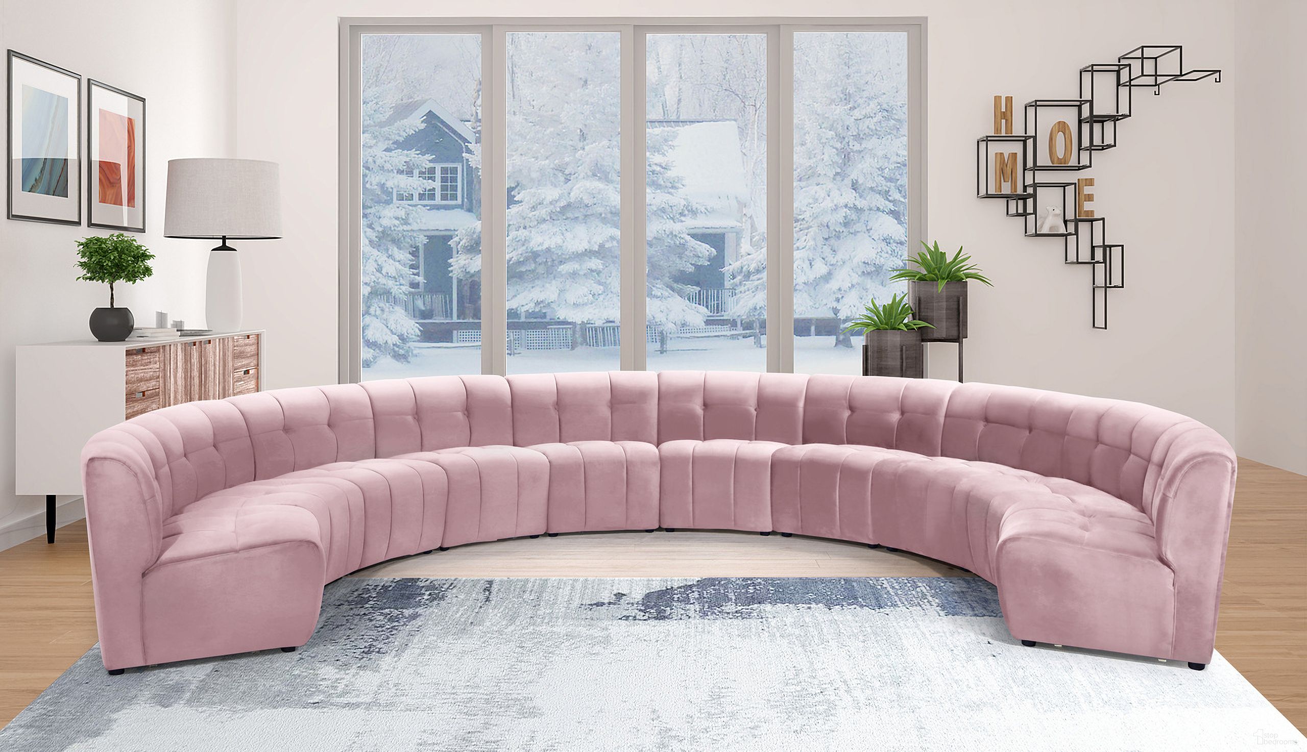 The appearance of Limitless 10-Piece Velvet Modular Sectional In Pink designed by Meridian in the modern / contemporary interior design. This pink piece of furniture  was selected by 1StopBedrooms from Limitless Collection to add a touch of cosiness and style into your home. Sku: 645Pink-C;645Pink-C;645Pink-C;645Pink-C;645Pink-C;645Pink-C;645Pink-C;645Pink-C;645Pink-C;645Pink-C. Material: Velvet. Layout: Curved.