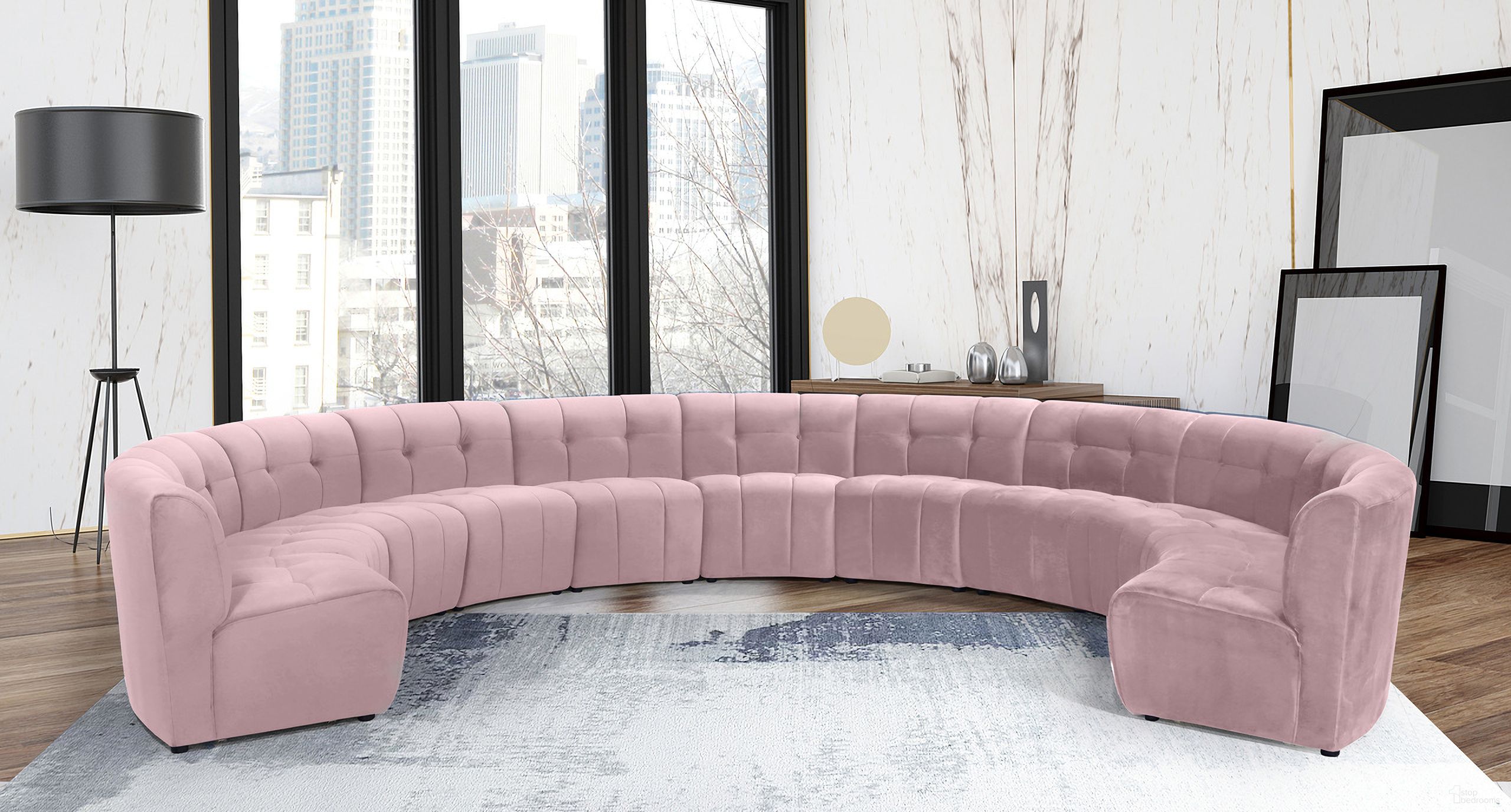 The appearance of Limitless 11-Piece Velvet Modular Sectional In Pink designed by Meridian in the modern / contemporary interior design. This pink piece of furniture  was selected by 1StopBedrooms from Limitless Collection to add a touch of cosiness and style into your home. Sku: 645Pink-C;645Pink-C;645Pink-C;645Pink-C;645Pink-C;645Pink-C;645Pink-C;645Pink-C;645Pink-C;645Pink-C;645Pink-C. Material: Velvet. Layout: Curved.