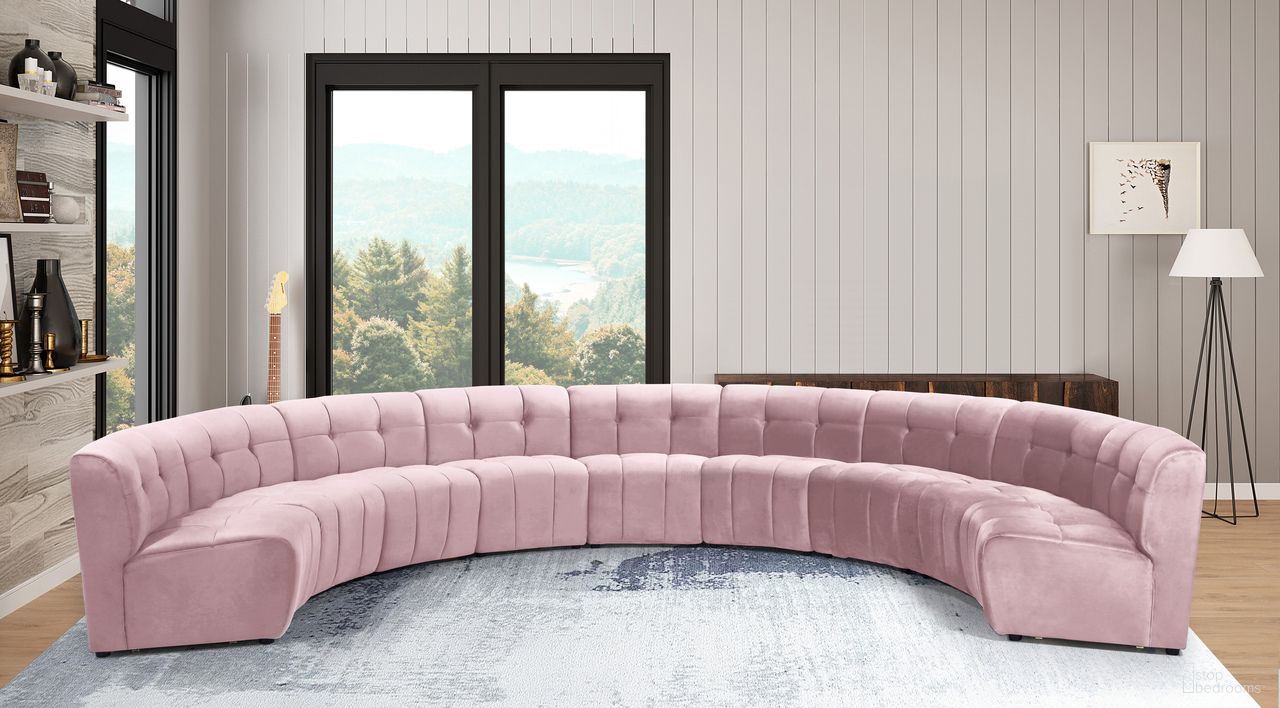 The appearance of Limitless 9-Piece Velvet Modular Sectional In Pink designed by Meridian in the modern / contemporary interior design. This pink piece of furniture was selected by 1StopBedrooms from Limitless Collection to add a touch of cosiness and style into your home. Sku: 645Pink-C;645Pink-C;645Pink-C;645Pink-C;645Pink-C;645Pink-C;645Pink-C;645Pink-C;645Pink-C. Material: Velvet. Layout: Curved.