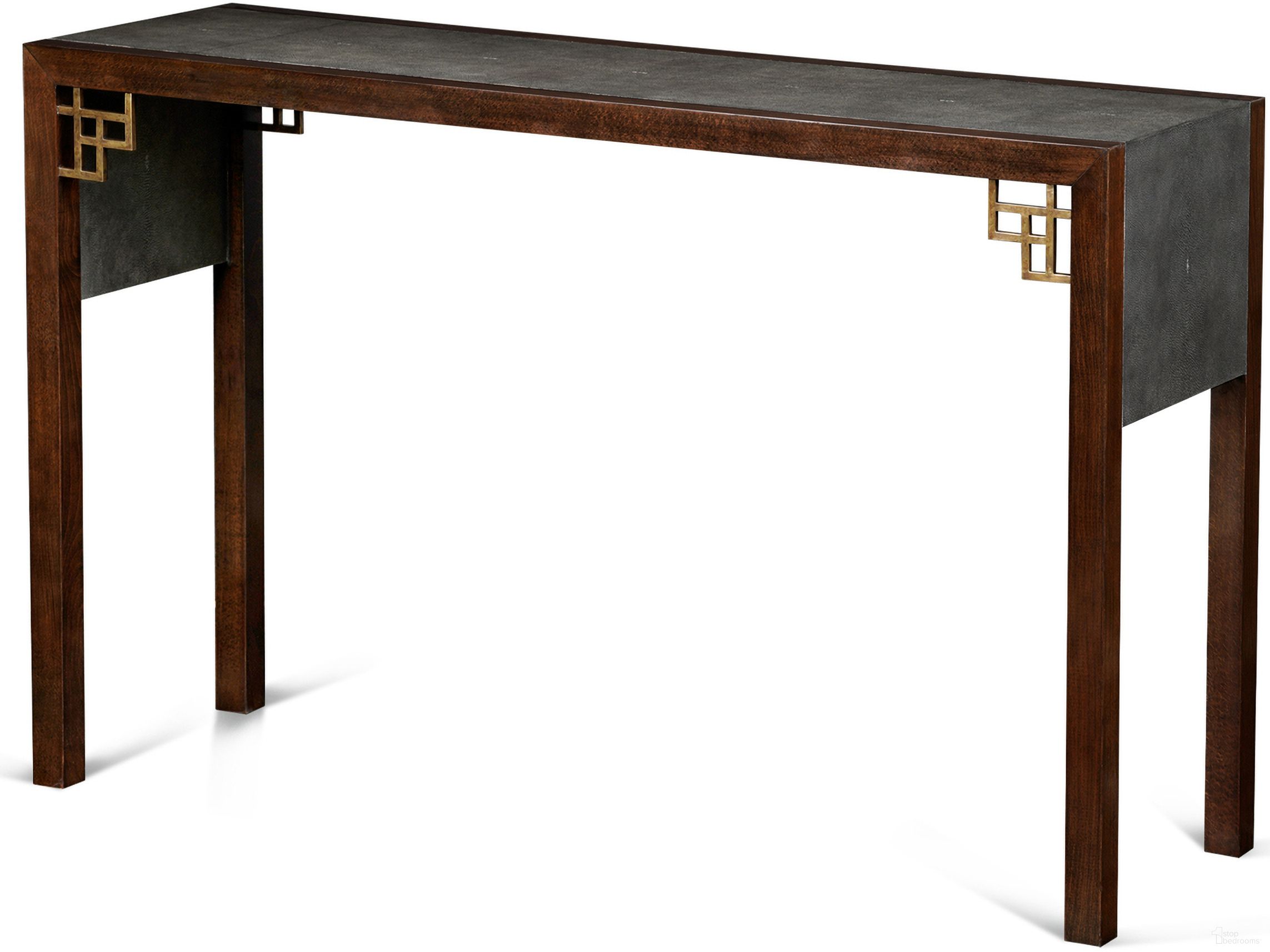 The appearance of Lin Console Table In Slate Grey and Brass designed by Maitland-Smith in the modern / contemporary interior design. This slate grey/brass piece of furniture was selected by 1StopBedrooms from Maitland Smith Collection to add a touch of cosiness and style into your home. Sku: 89-1111. Material: Faux Shagreen.