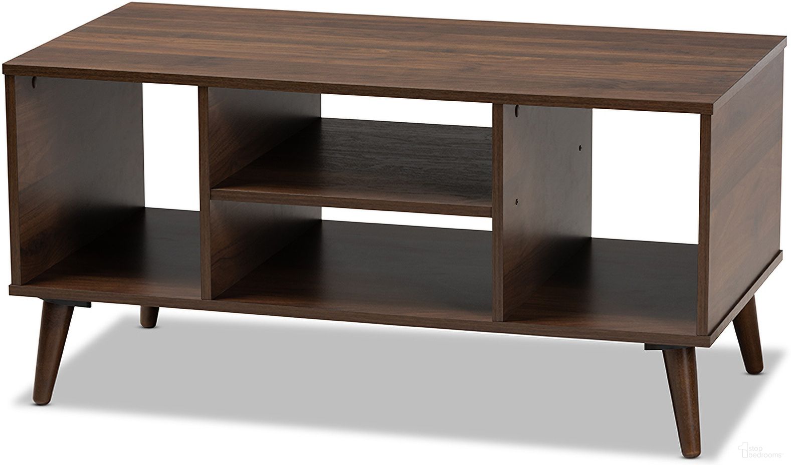 The appearance of Linas Mid-Century Modern Walnut Finished Coffee Table designed by Baxton Studio in the modern / contemporary interior design. This walnut piece of furniture  was selected by 1StopBedrooms from Linas Collection to add a touch of cosiness and style into your home. Sku: CT8001-Columbia Walnut-CT. Material: Rubberwood.