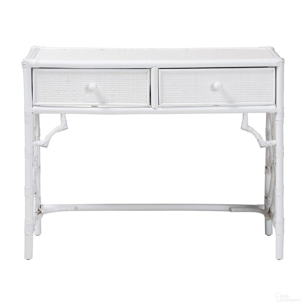 Lindie Natural Rattan Writing Desk with Two Drawers In White