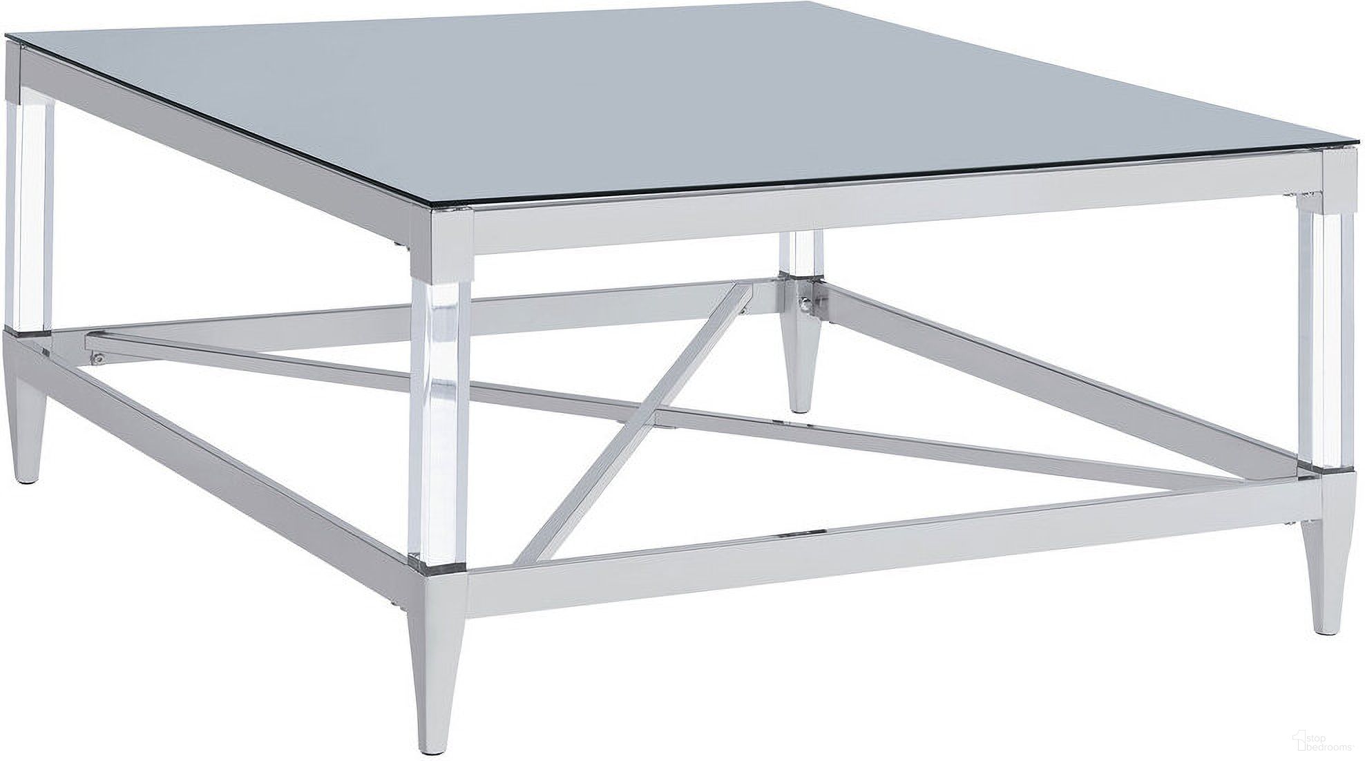 The appearance of Lindley Square Coffee Table with Acrylic Legs and Tempered Mirror Top Chrome designed by Coaster in the modern / contemporary interior design. This chrome piece of furniture  was selected by 1StopBedrooms from Lindley Collection to add a touch of cosiness and style into your home. Sku: 709728. Material: Metal.