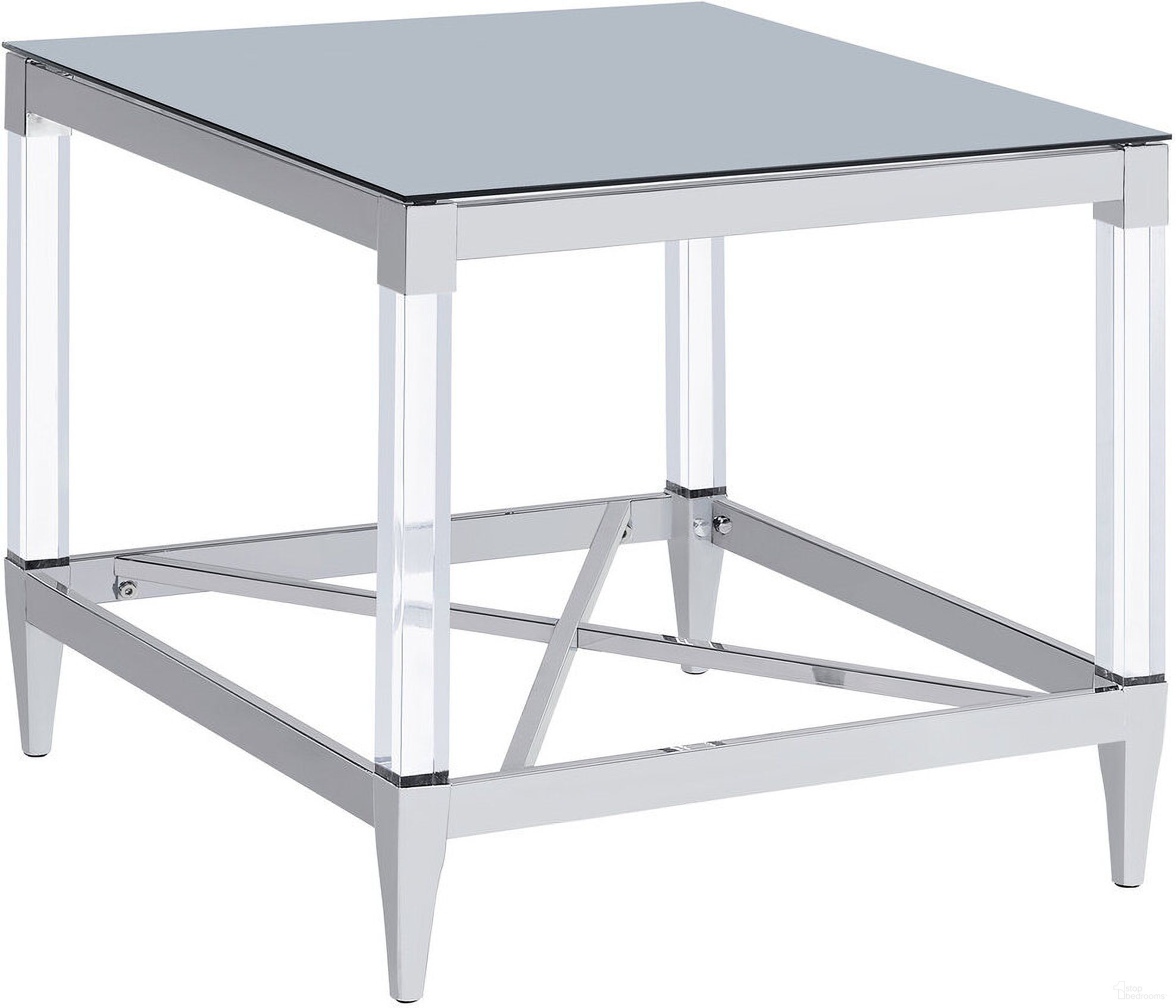 The appearance of Lindley Square End Table with Acrylic Legs and Tempered Mirror Top Chrome designed by Coaster in the modern / contemporary interior design. This chrome piece of furniture  was selected by 1StopBedrooms from Lindley Collection to add a touch of cosiness and style into your home. Sku: 709727. Material: Metal.