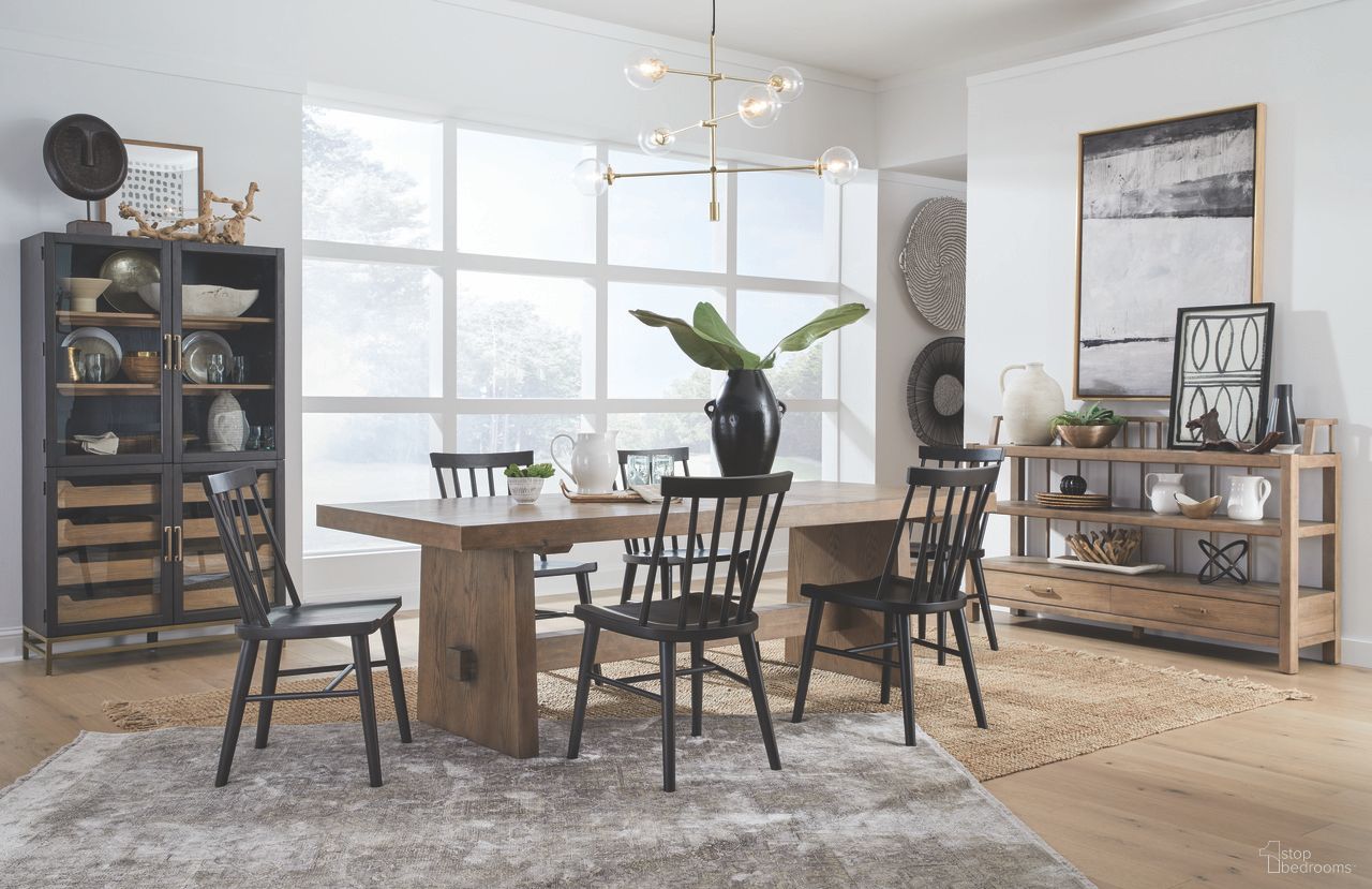 The appearance of Lindon Trestle Dining Set In Belgian Wheat designed by Magnussen in the transitional interior design. This belgian wheat piece of furniture was selected by 1StopBedrooms from Lindon Collection to add a touch of cosiness and style into your home. Sku: D5570-21;D5570-60D. Table Top Shape: Rectangular. Size: 96" x 40". Material: Hardwood.