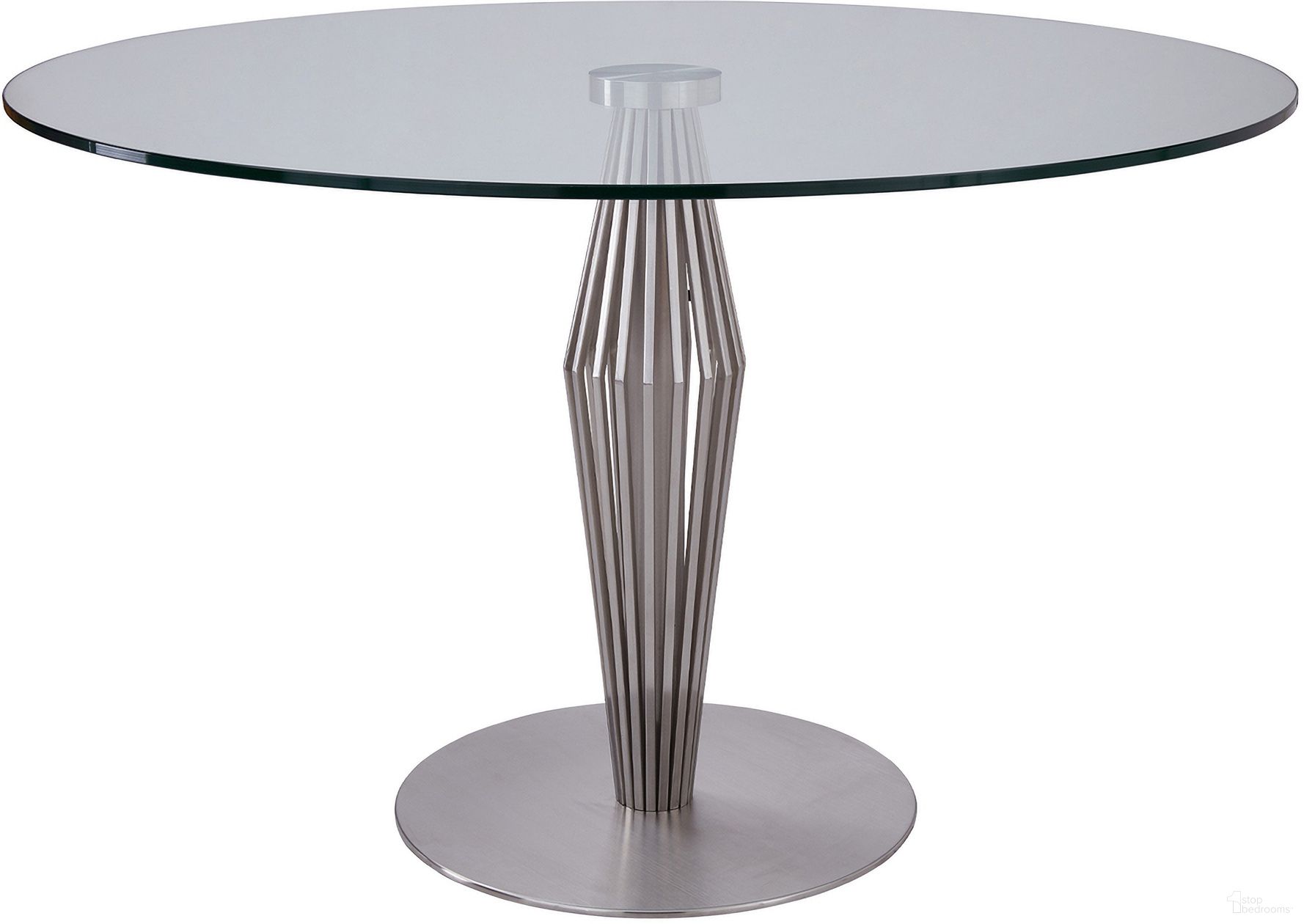 The appearance of Lindsey Contemporary Dining Table In Brushed Stainless Steel Finish and Clear Glass Top designed by Armen Living in the modern / contemporary interior design. This stainless steel piece of furniture  was selected by 1StopBedrooms from Lindsey Collection to add a touch of cosiness and style into your home. Sku: LCLNDIBSCOL;LCLNDIBSBA;LCLNDICLTOP. Table Base Style: Pedestal. Table Top Shape: Round. Material: Stainless Steel. Size: 48".